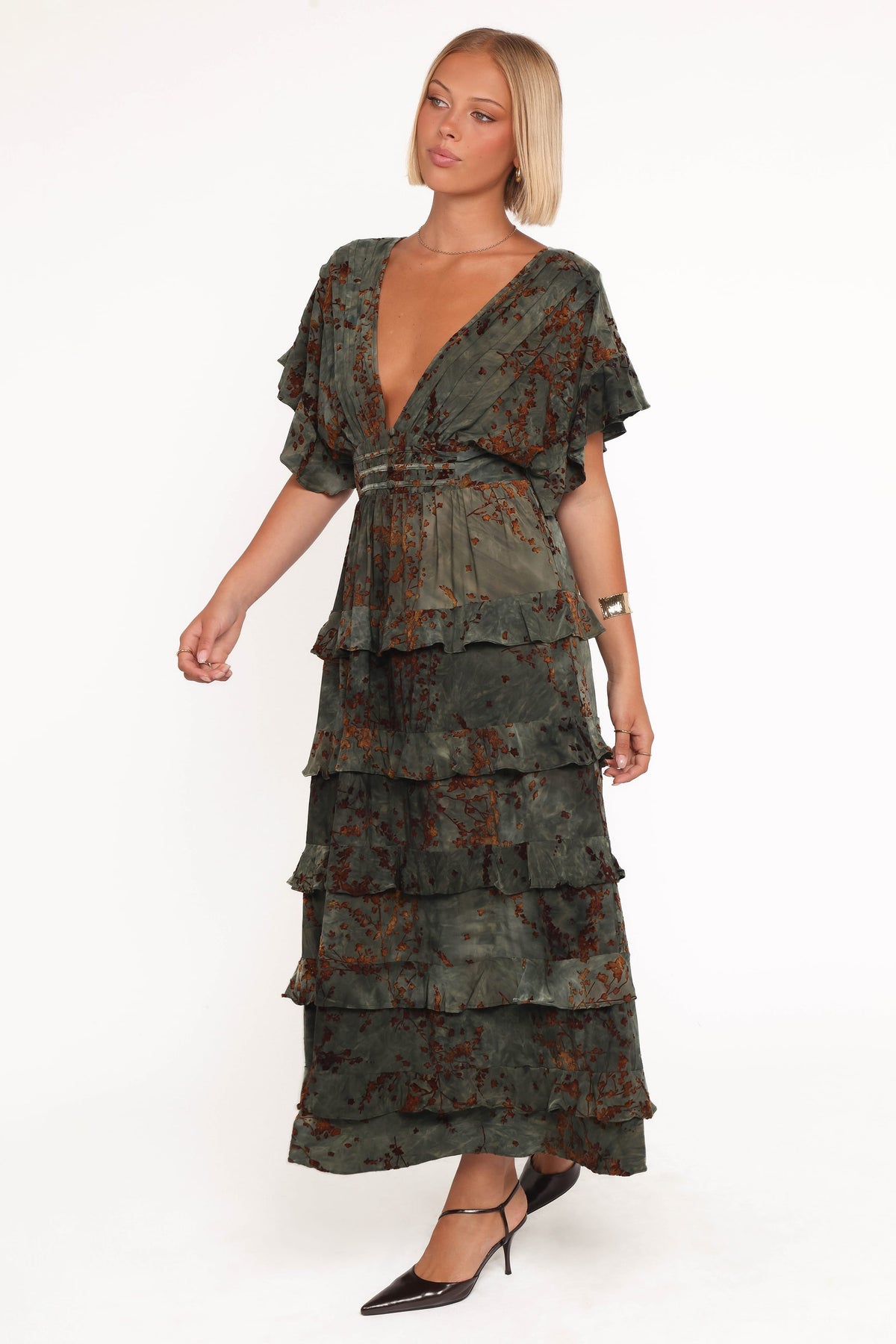 Wendi Ruffle Dress in Jade/Brown – view 3 of 6