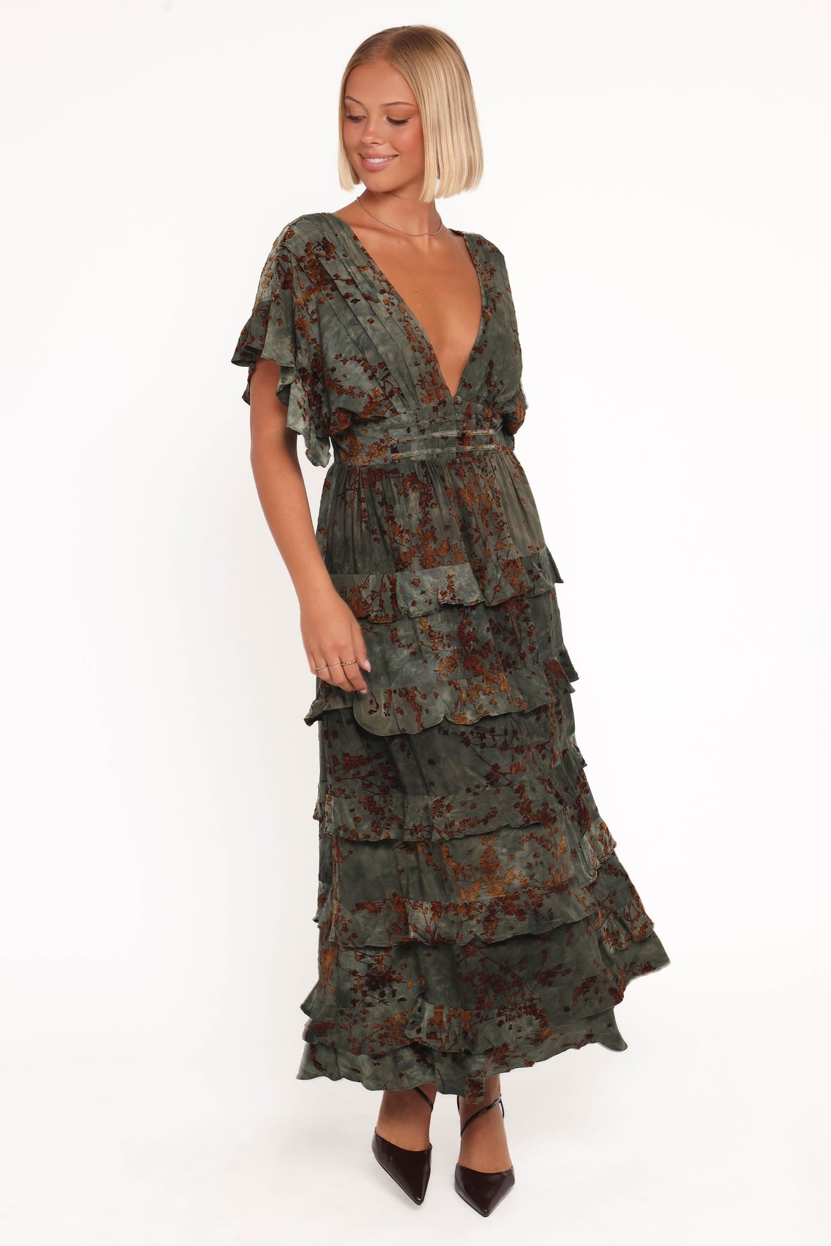 Wendi Ruffle Dress in Jade/Brown – view 1 of 6