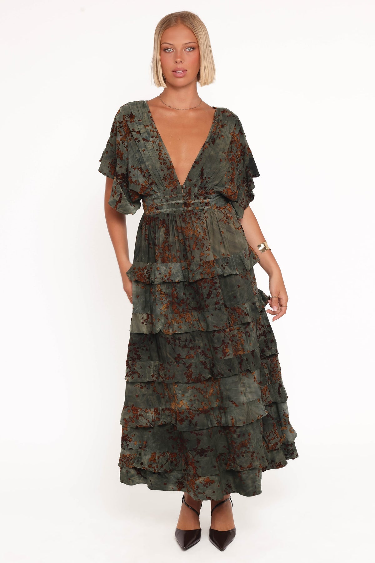 Wendi Ruffle Dress in Jade/Brown – view 5 of 6