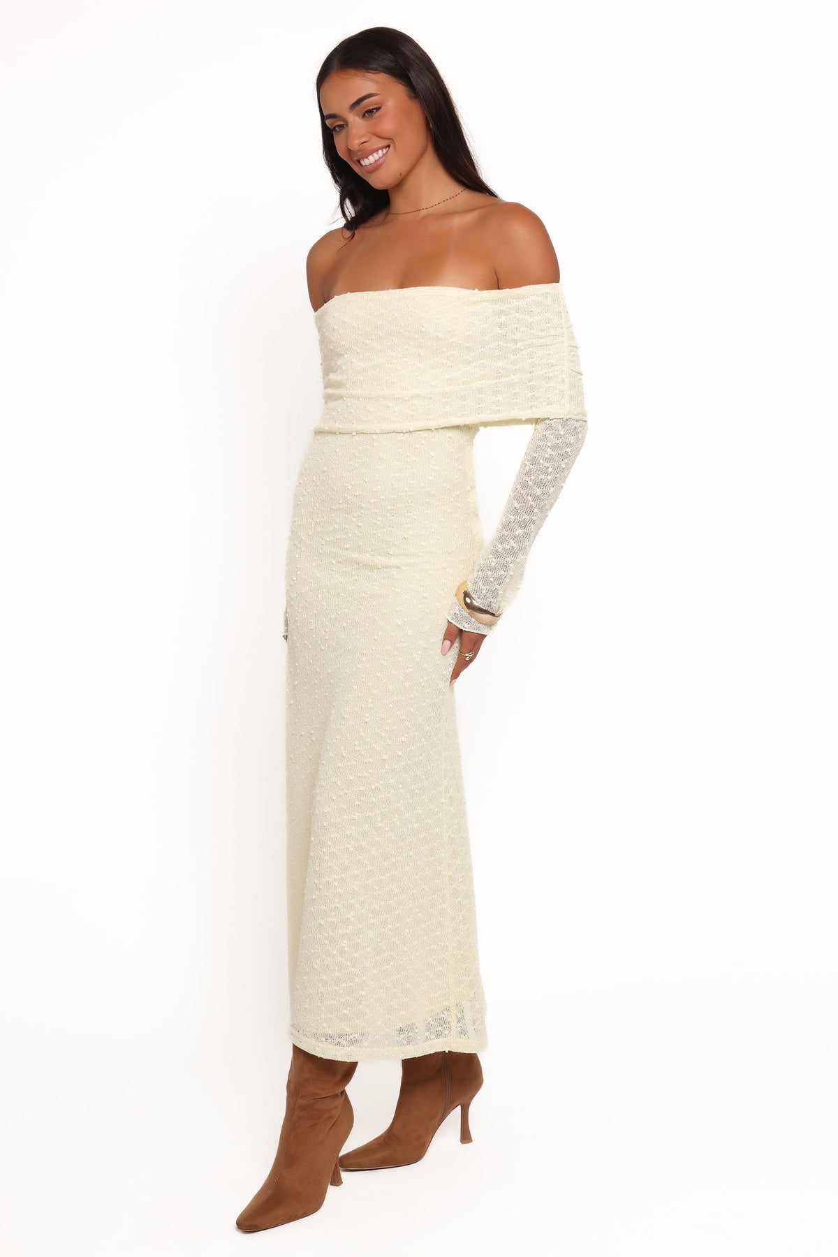 Wilma Off Shoulder Dress in Butter Yellow – view 3 of 5