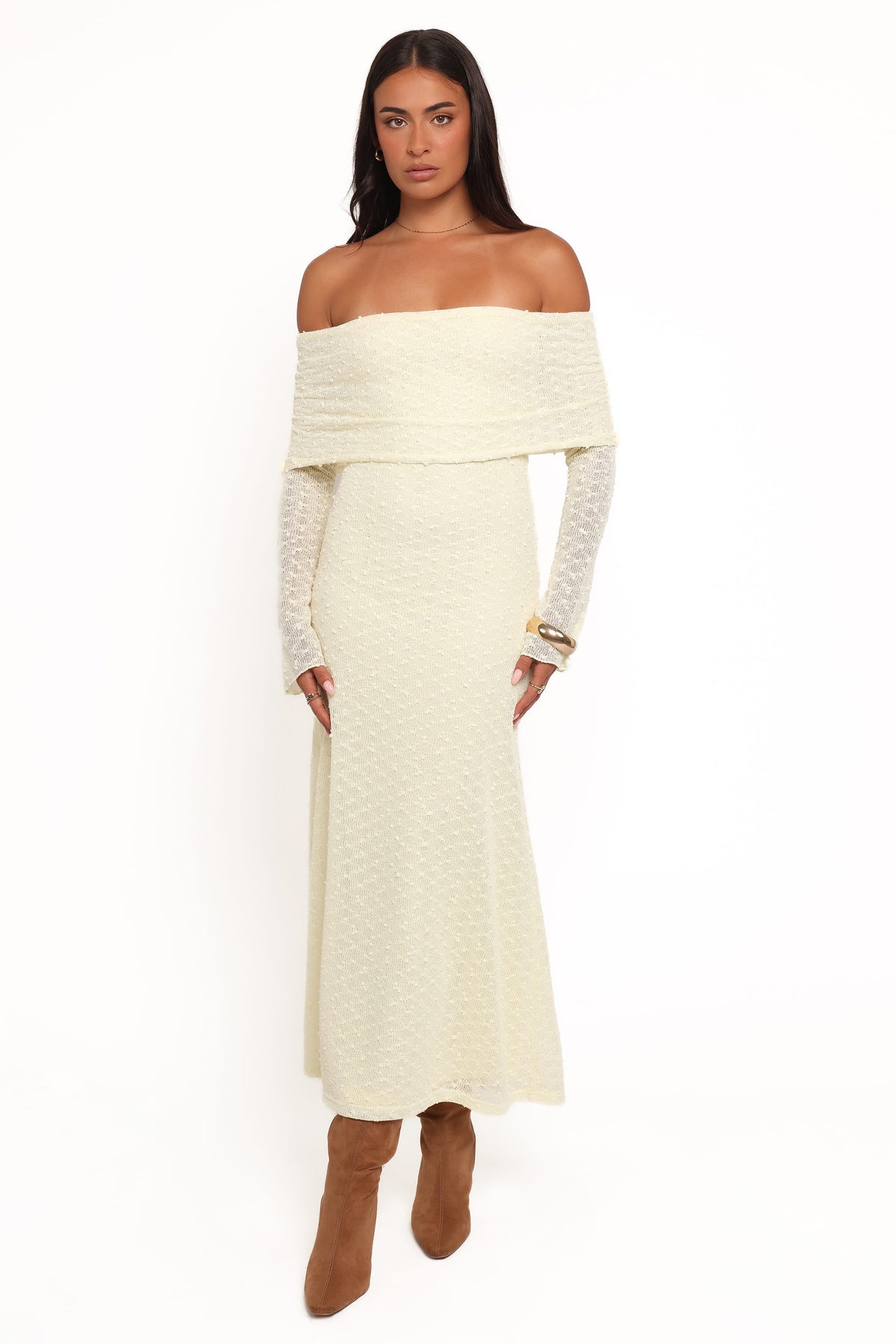Wilma Off Shoulder Dress in Butter Yellow – view 1 of 5