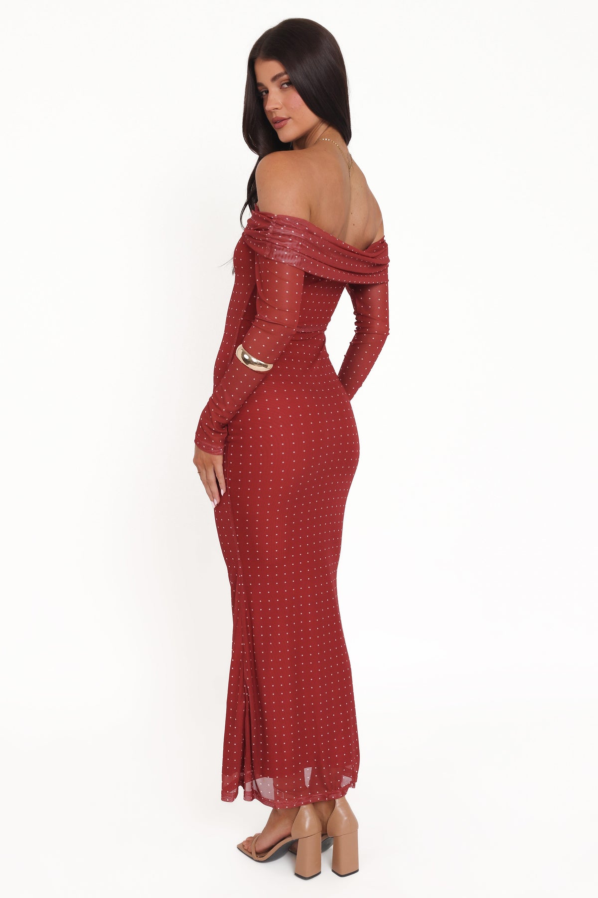 Zeva Off Shoulder Maxi Dress in Burgundy Spot – view 5 of 8