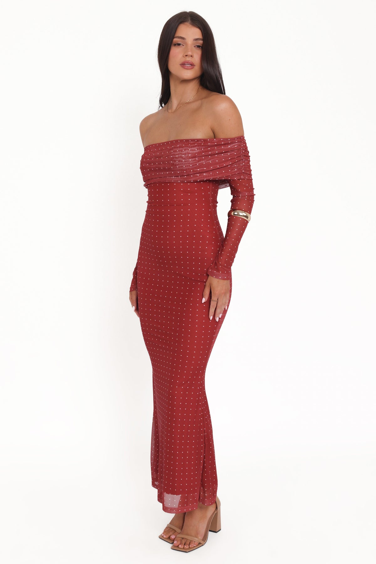 Zeva Off Shoulder Maxi Dress in Burgundy Spot – view 4 of 8