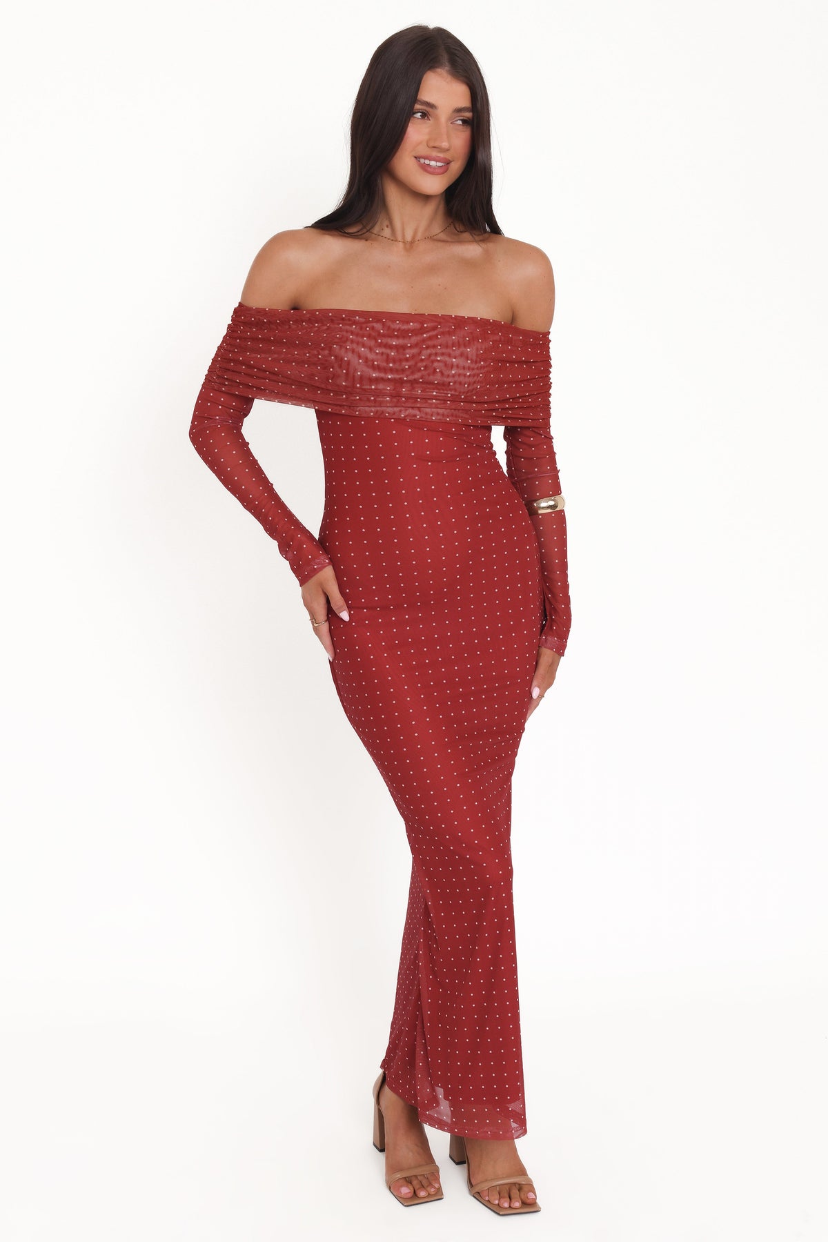 Zeva Off Shoulder Maxi Dress in Burgundy Spot – view 2 of 8