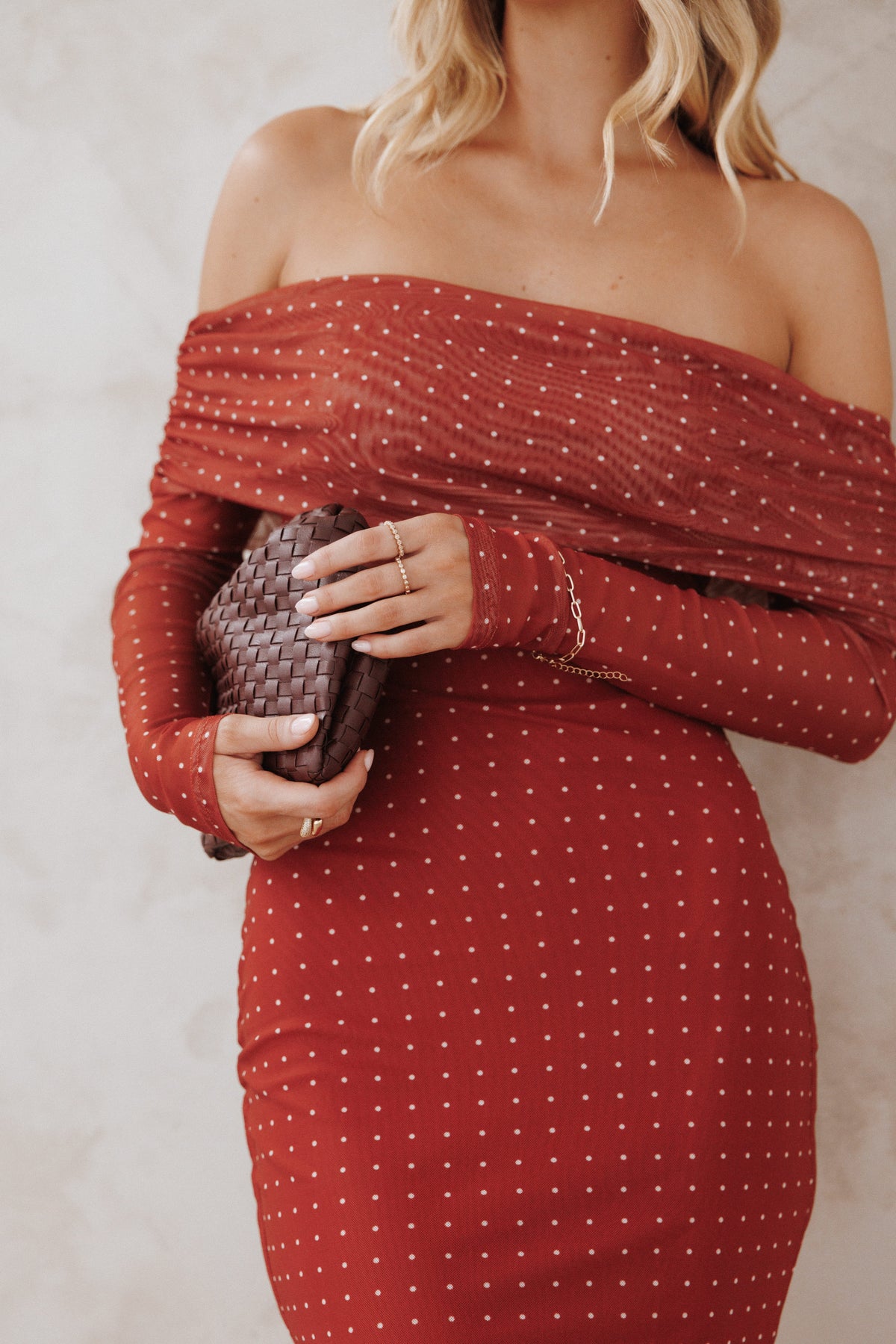 Zeva Off Shoulder Maxi Dress in Burgundy Spot – view 8 of 8
