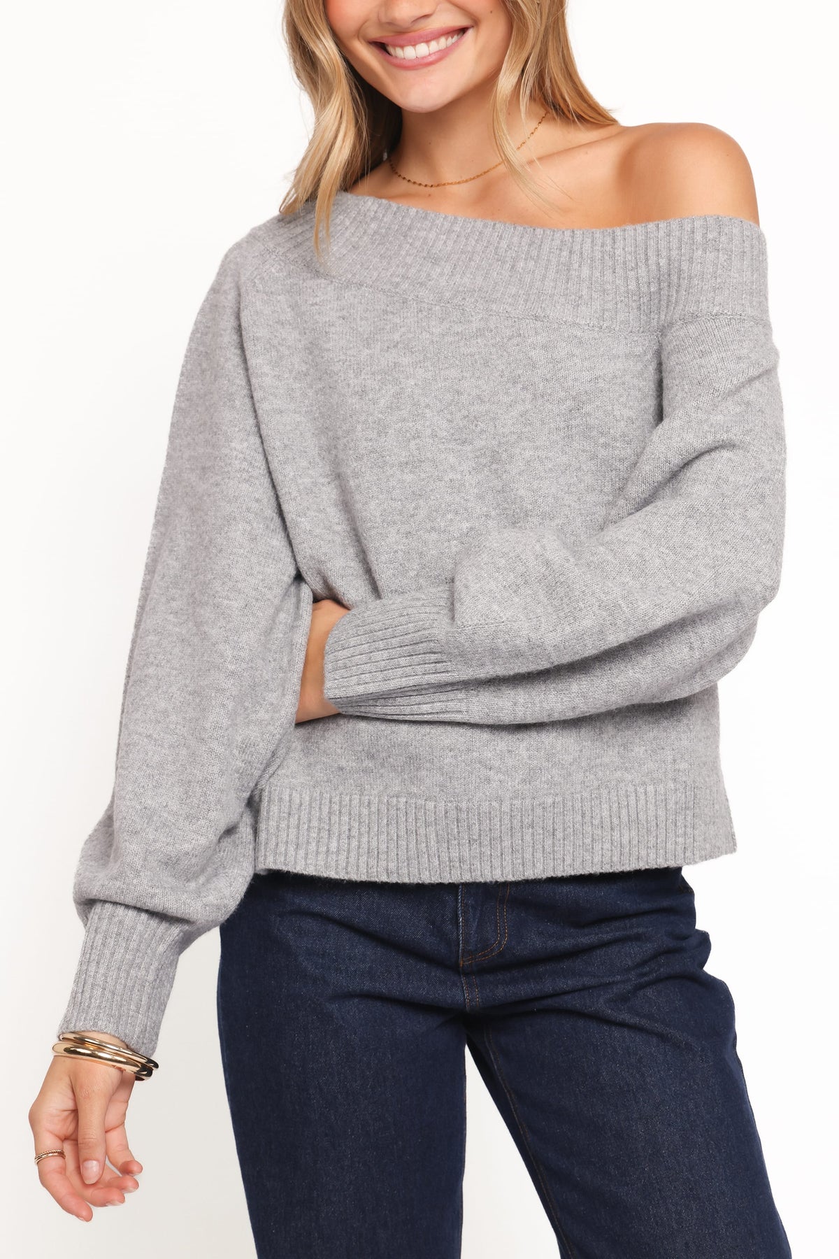 Ailis Off Shoulder Sweater in Grey – view 2 of 6
