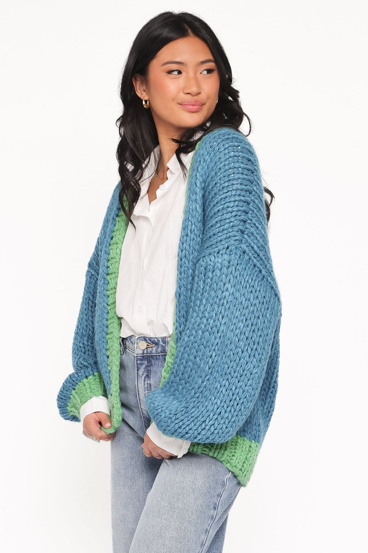 Anige Contrast Trim Cardigan in Blue/Green – view 3 of 7