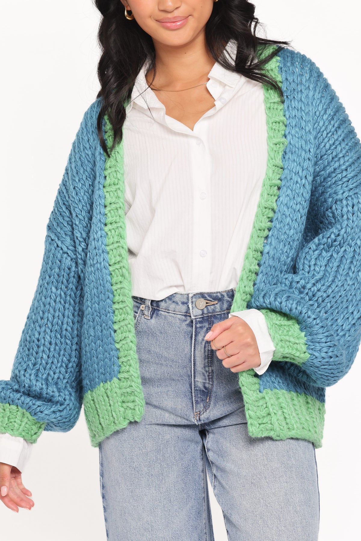 Anige Contrast Trim Cardigan in Blue/Green – view 2 of 7