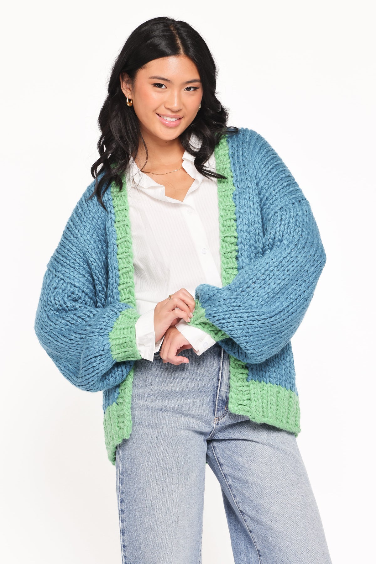 Anige Contrast Trim Cardigan in Blue/Green – view 1 of 7