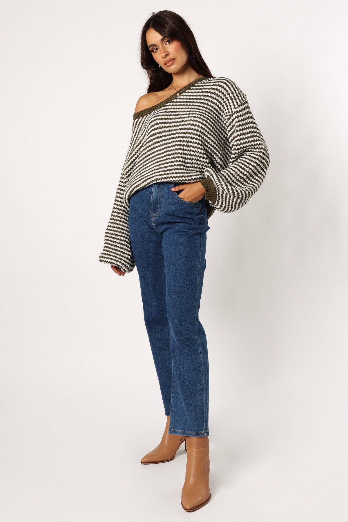 Becca Crewneck Waffle Stitch Stripe Knit Sweater in Olive – view 2 of 9