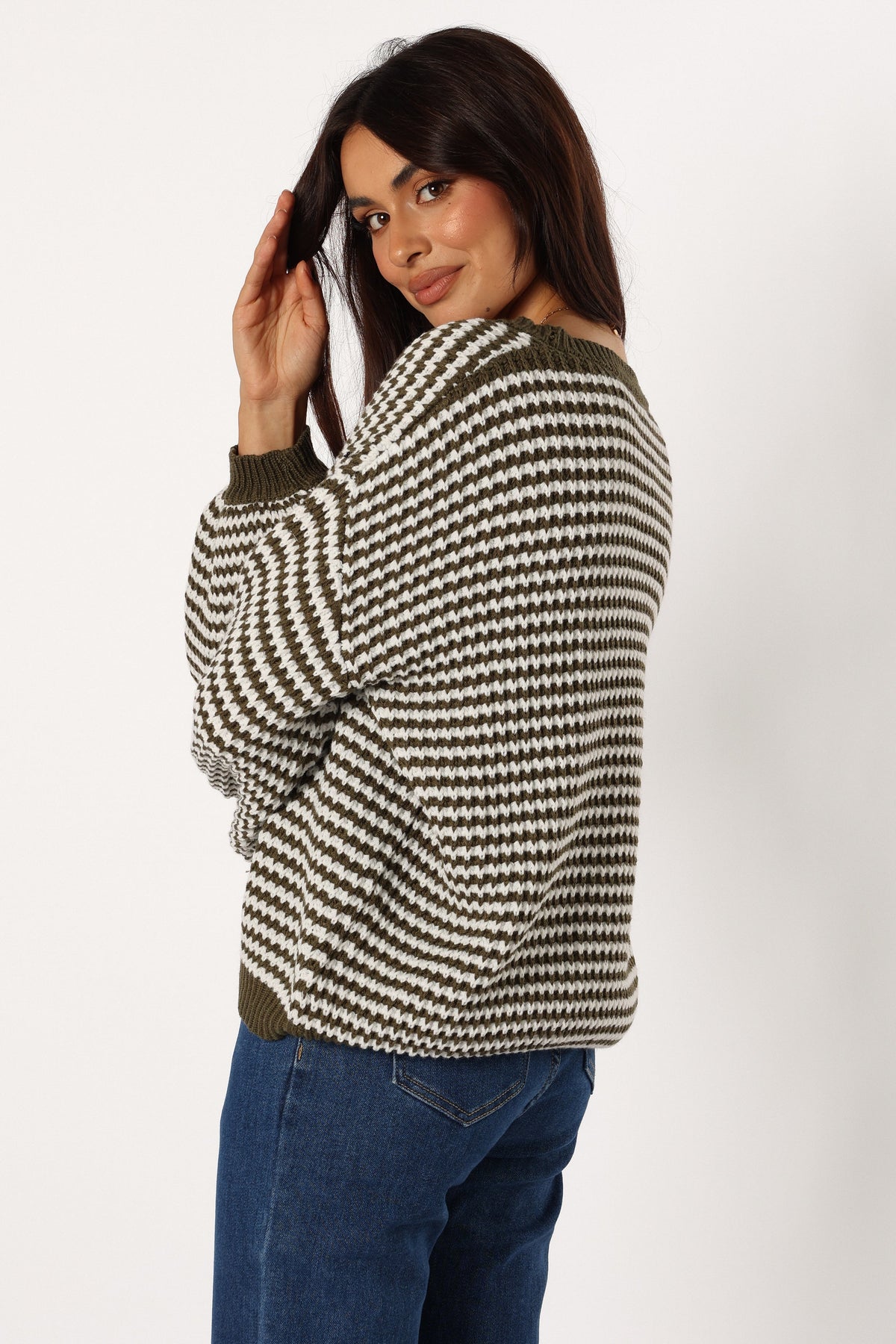 Becca Crewneck Waffle Stitch Stripe Knit Sweater in Olive – view 5 of 9