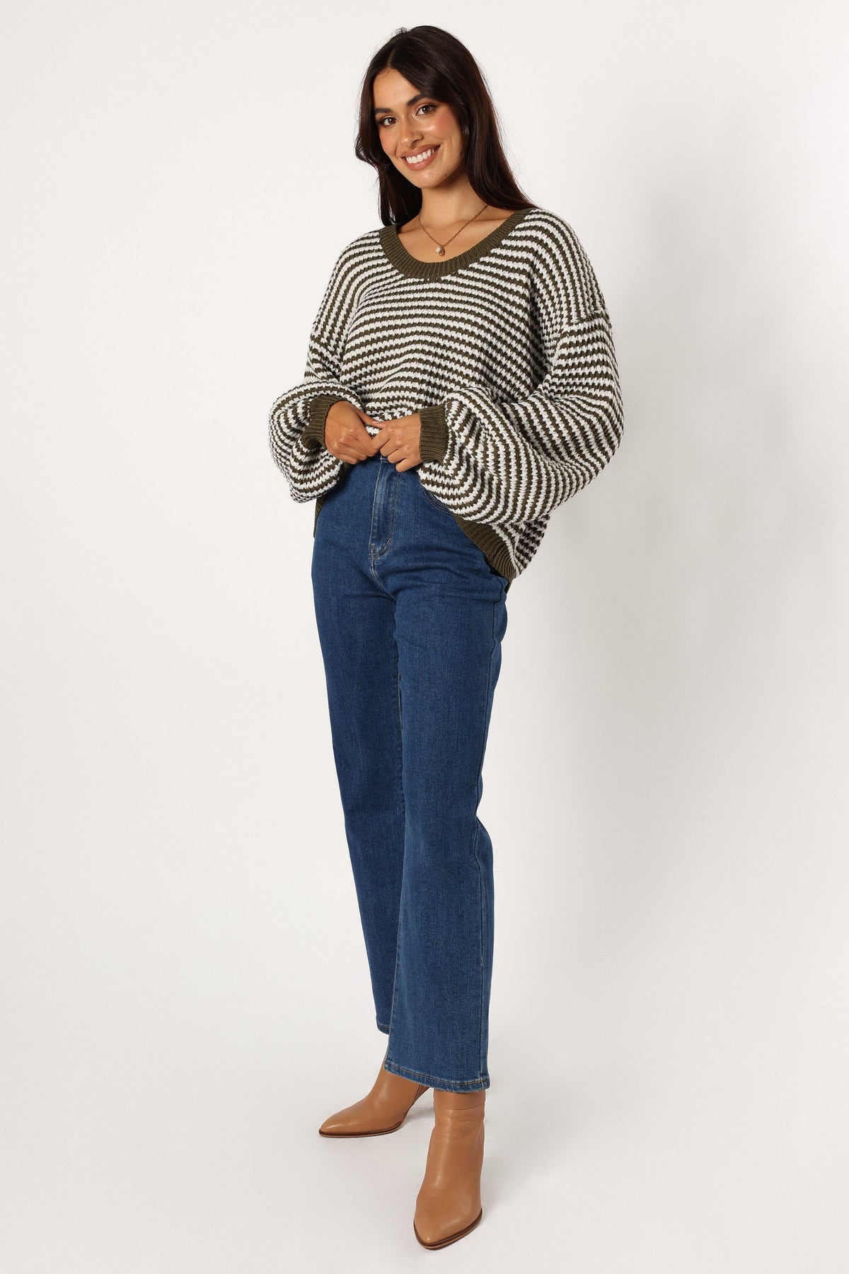 Becca Crewneck Waffle Stitch Stripe Knit Sweater in Olive – view 7 of 9