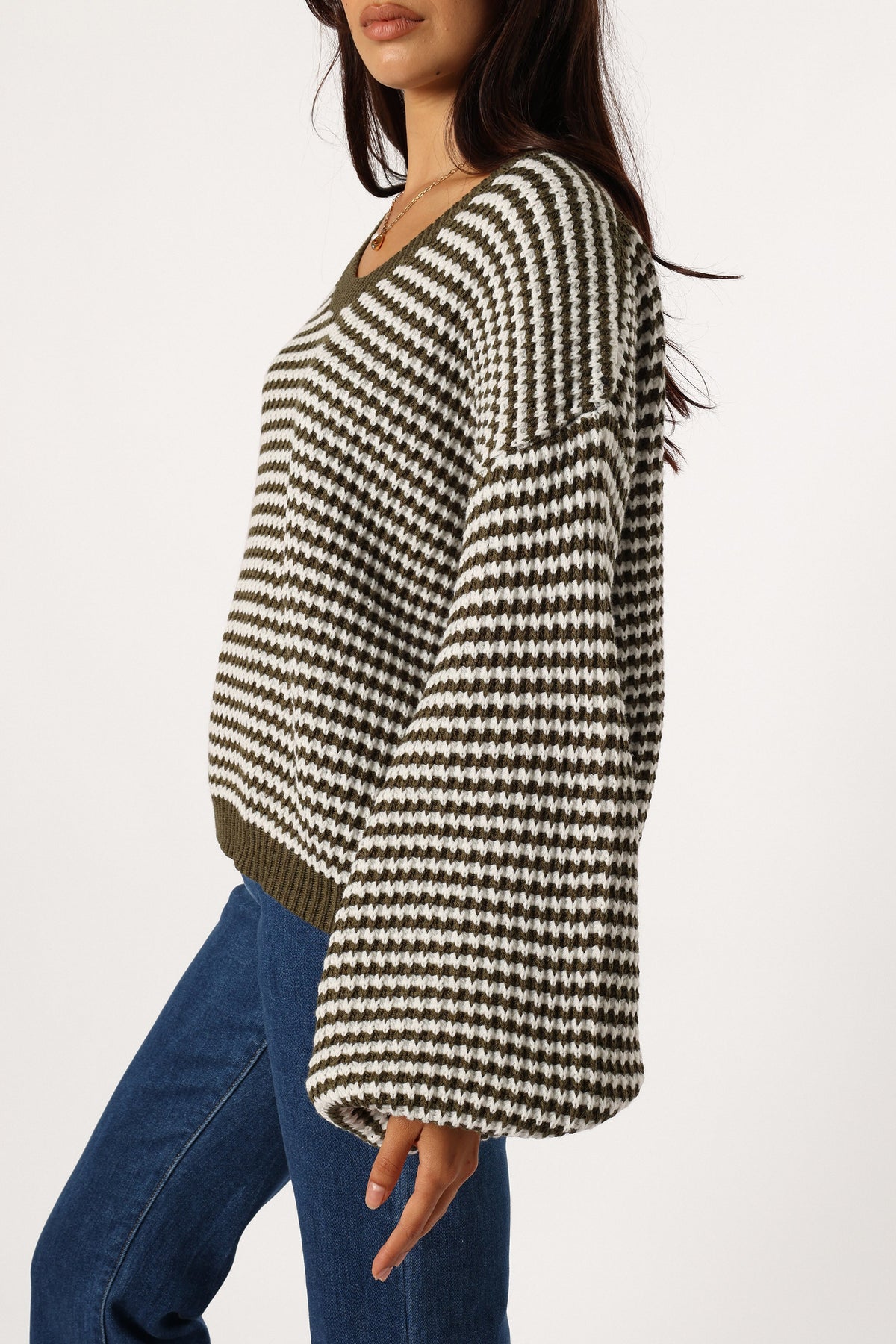 Becca Crewneck Waffle Stitch Stripe Knit Sweater in Olive – view 9 of 9