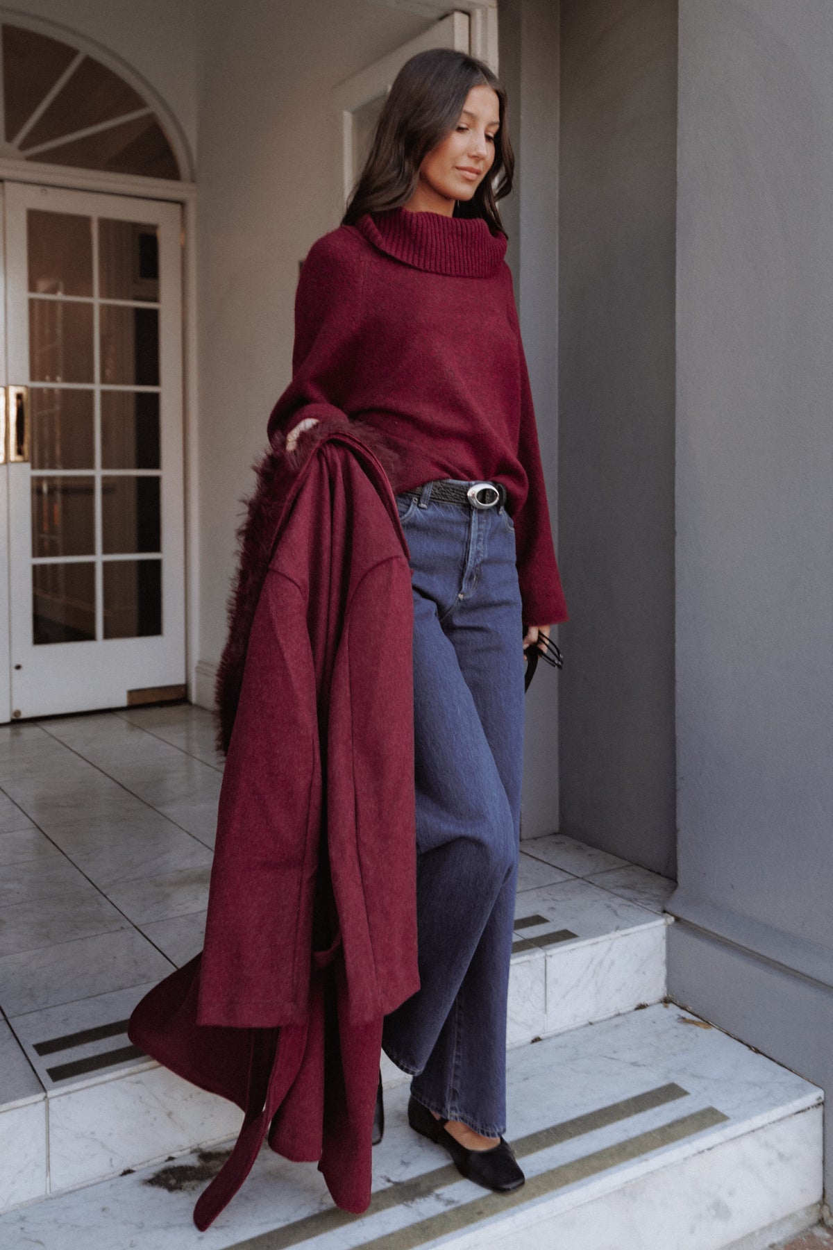 Bindy Cowlneck Knit Sweater in Wine – view 1 of 8