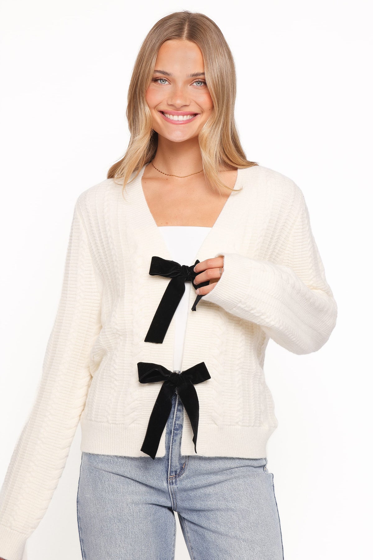 Bree Velvet Bow Cardigan in Cream – view 1 of 6