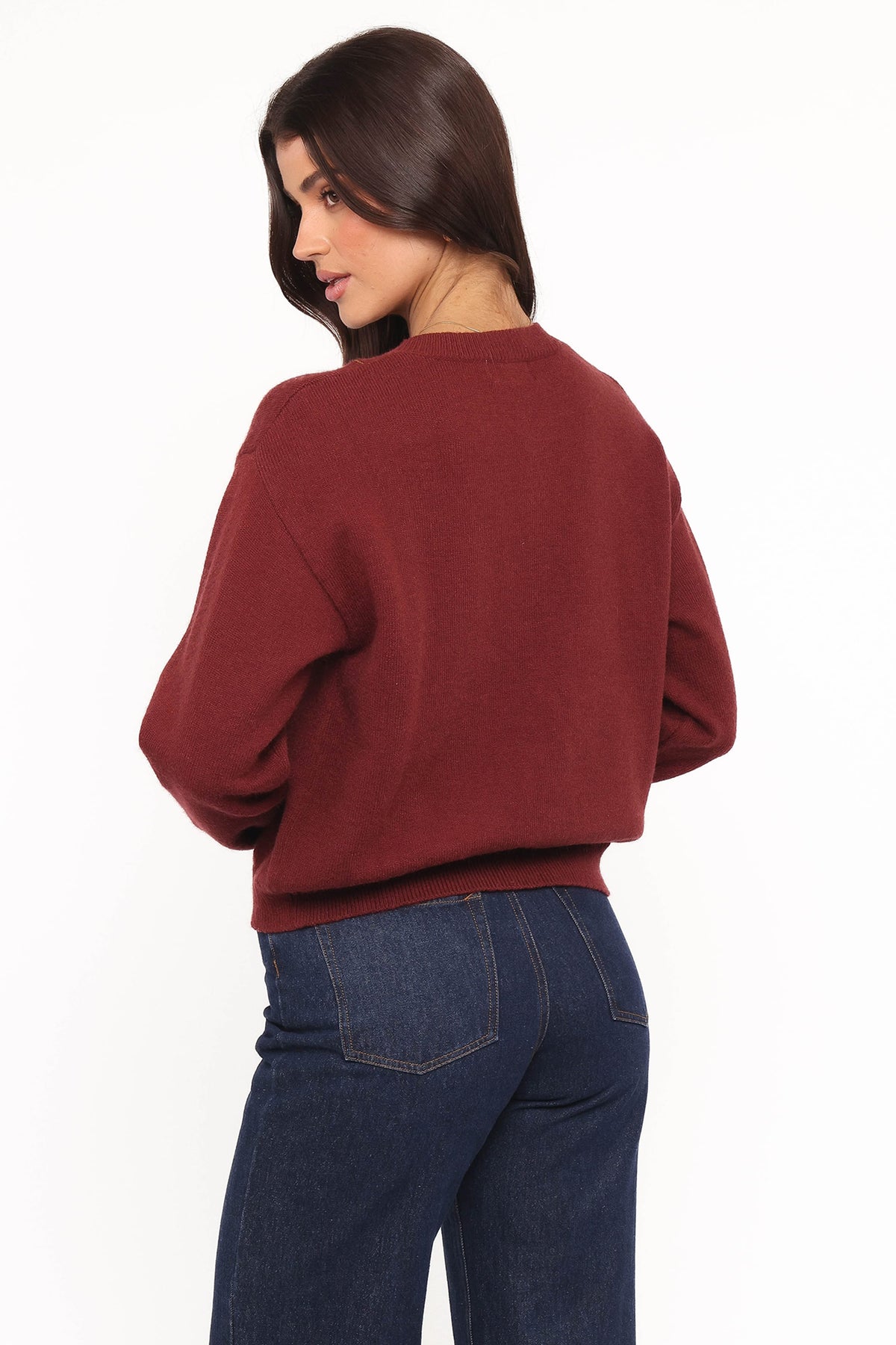 Brittany Placed Embroidery Flower Cardigan in Burgundy – view 4 of 6