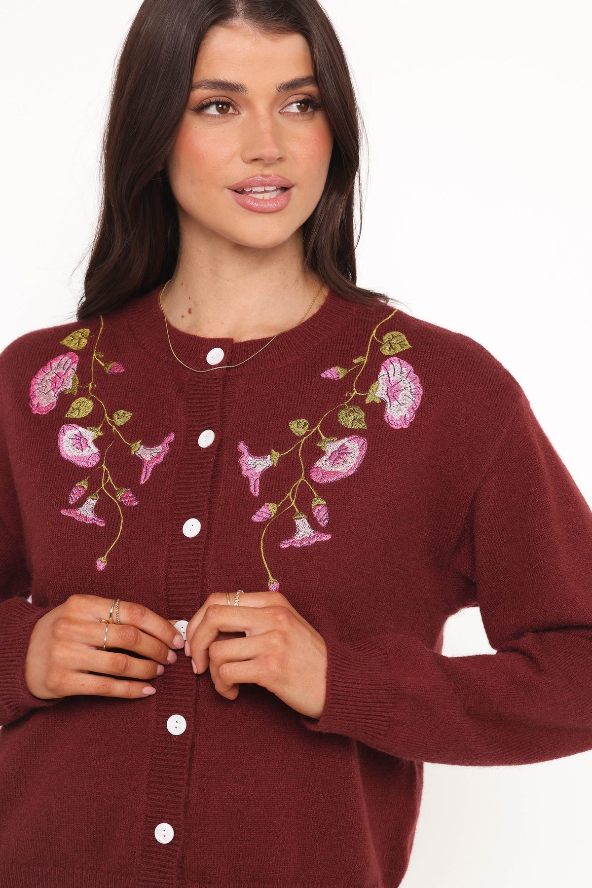 Brittany Placed Embroidery Flower Cardigan in Burgundy – view 2 of 6
