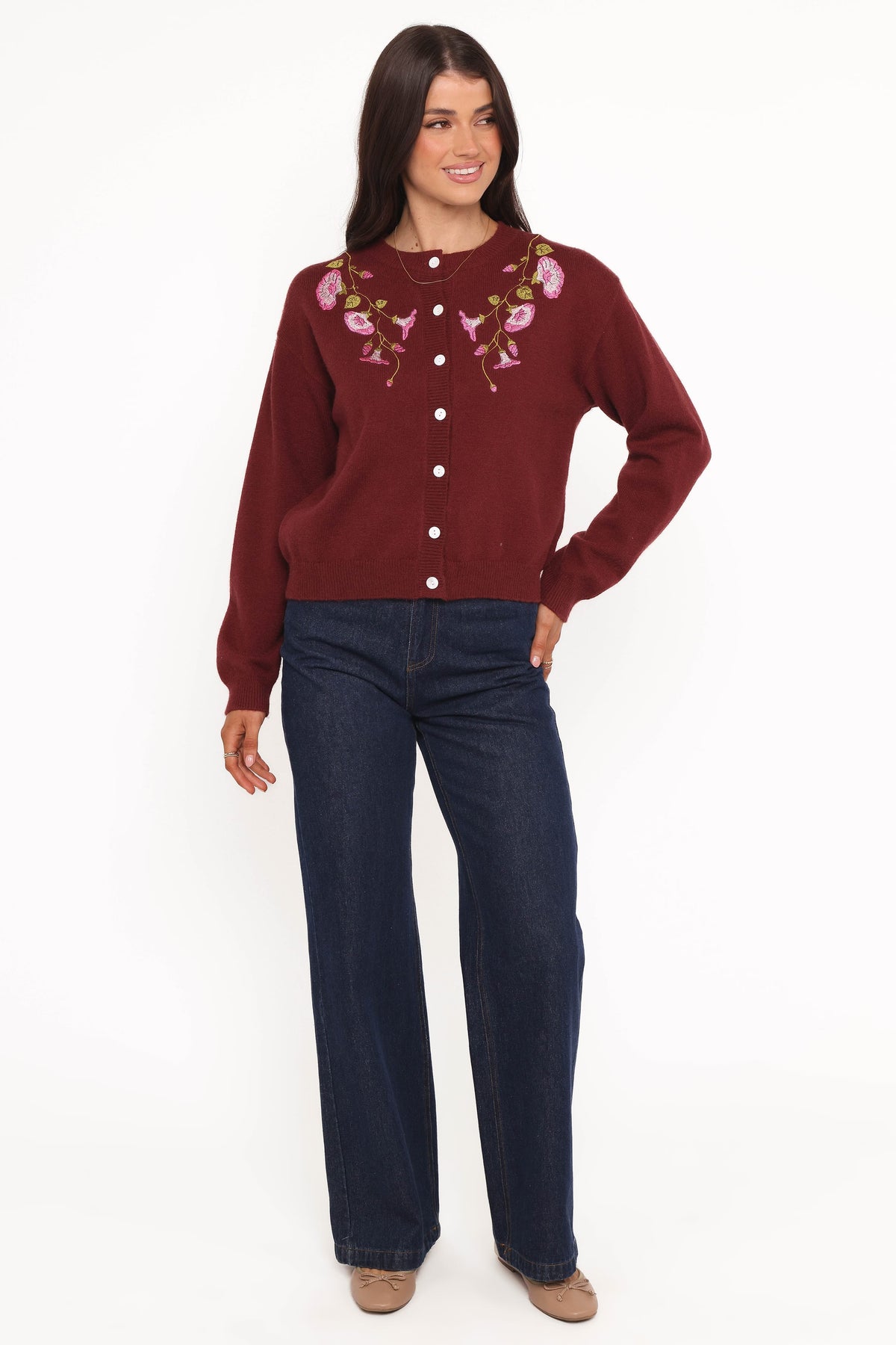 Brittany Placed Embroidery Flower Cardigan in Burgundy – view 5 of 6