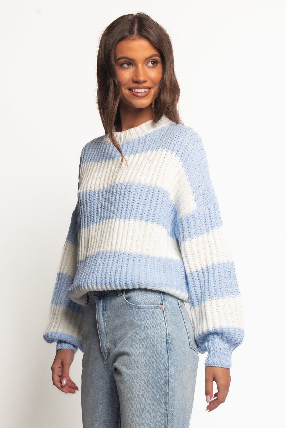 Courtney Thick Stripe Knit Sweater in Blue Cream – view 3 of 7