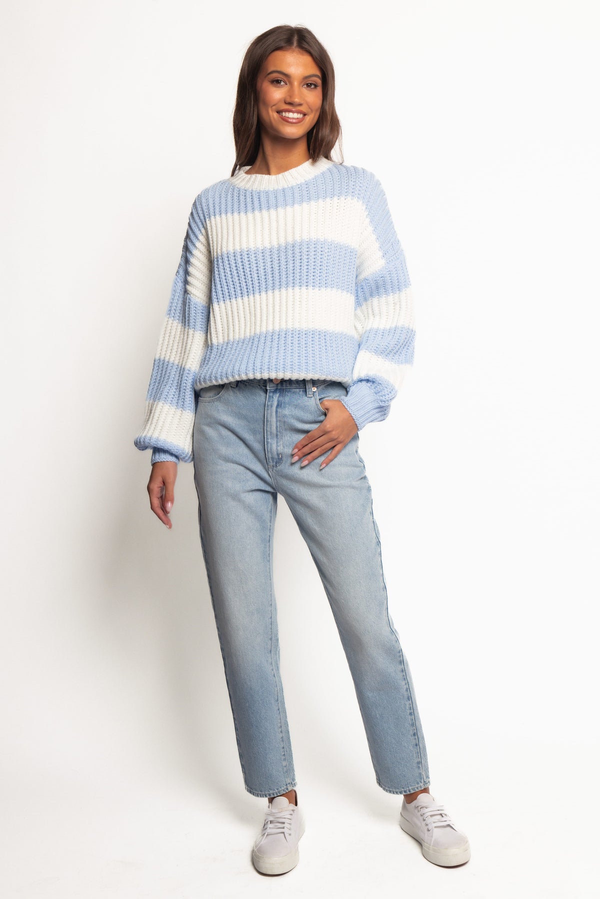 Courtney Thick Stripe Knit Sweater in Blue Cream – view 5 of 7
