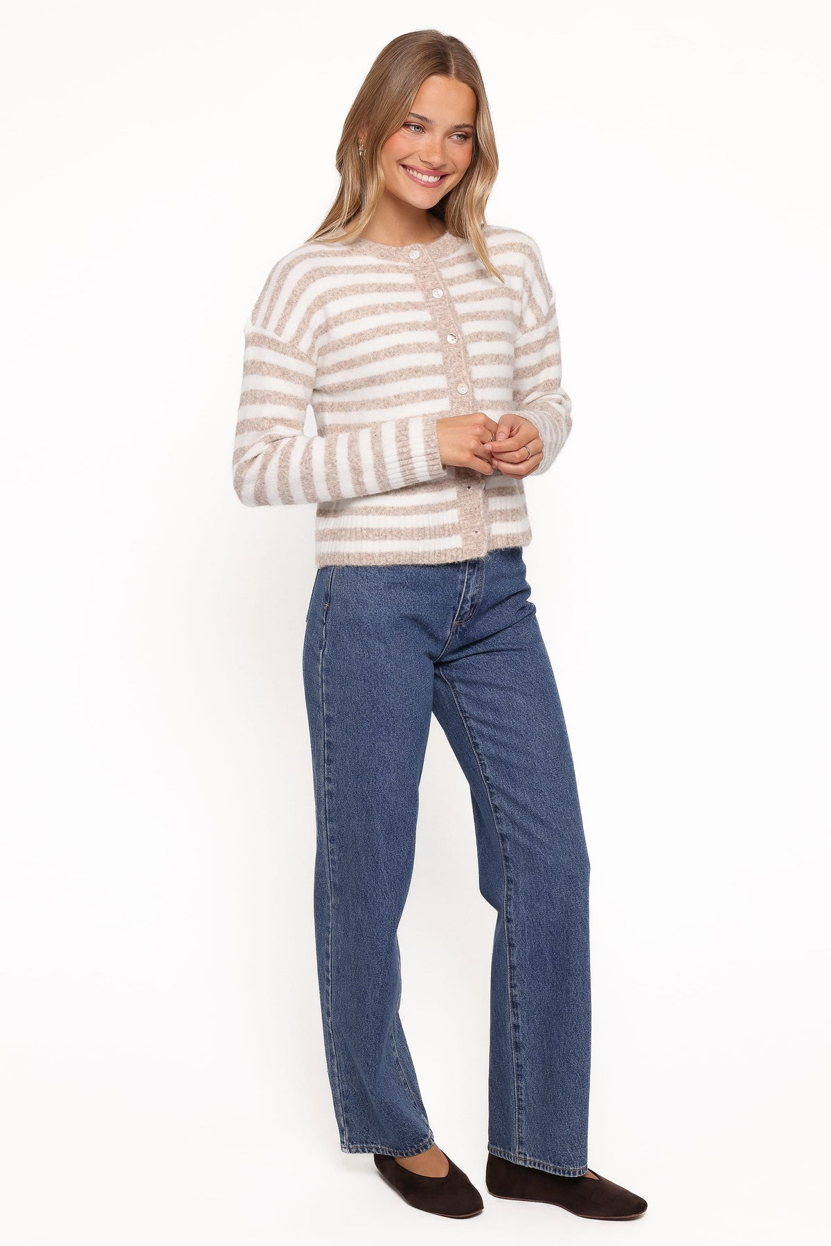 Dean Striped Cardigan in White/Beige – view 3 of 6