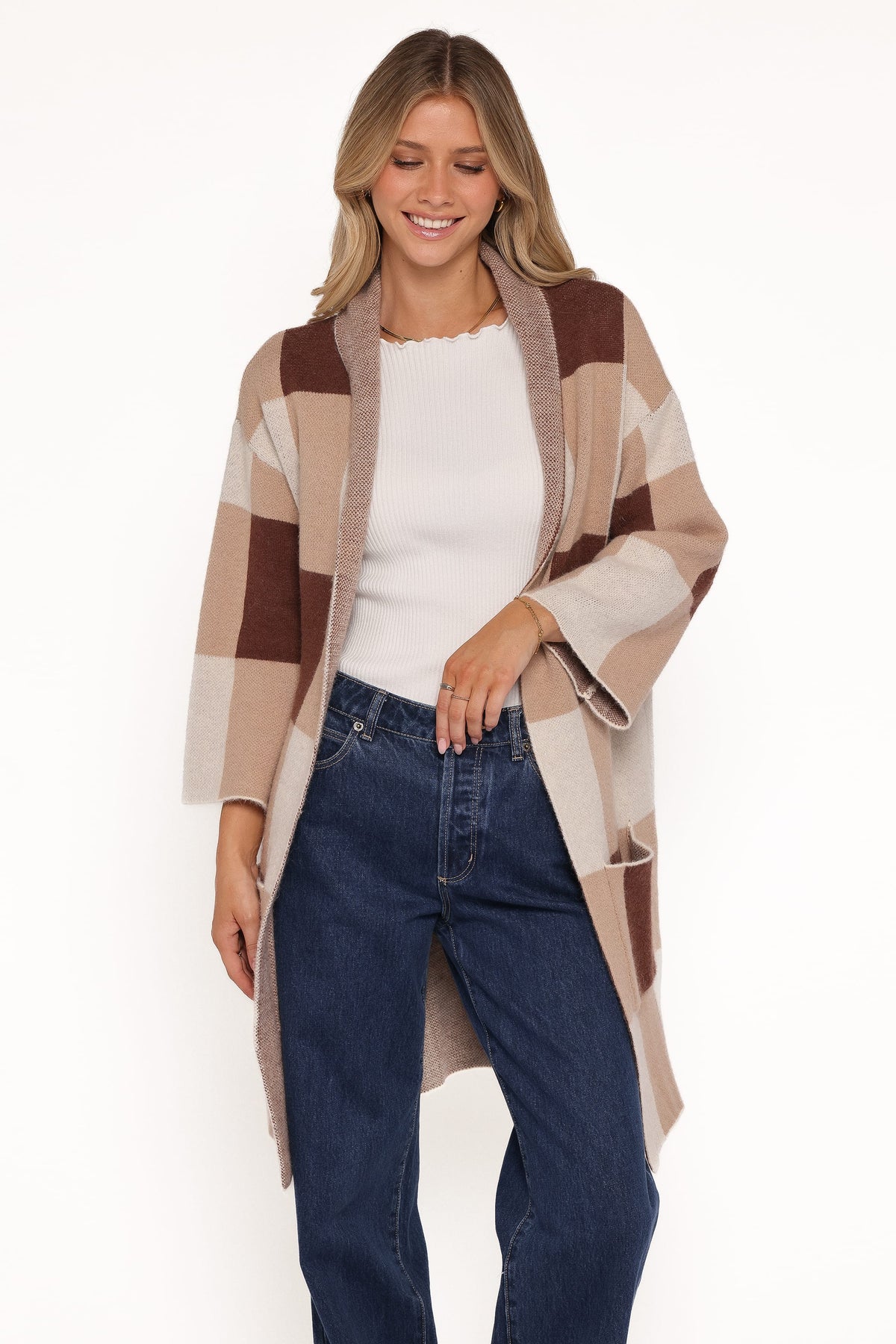 Ecoya Long Cardigan in Brown Plaid – view 2 of 6