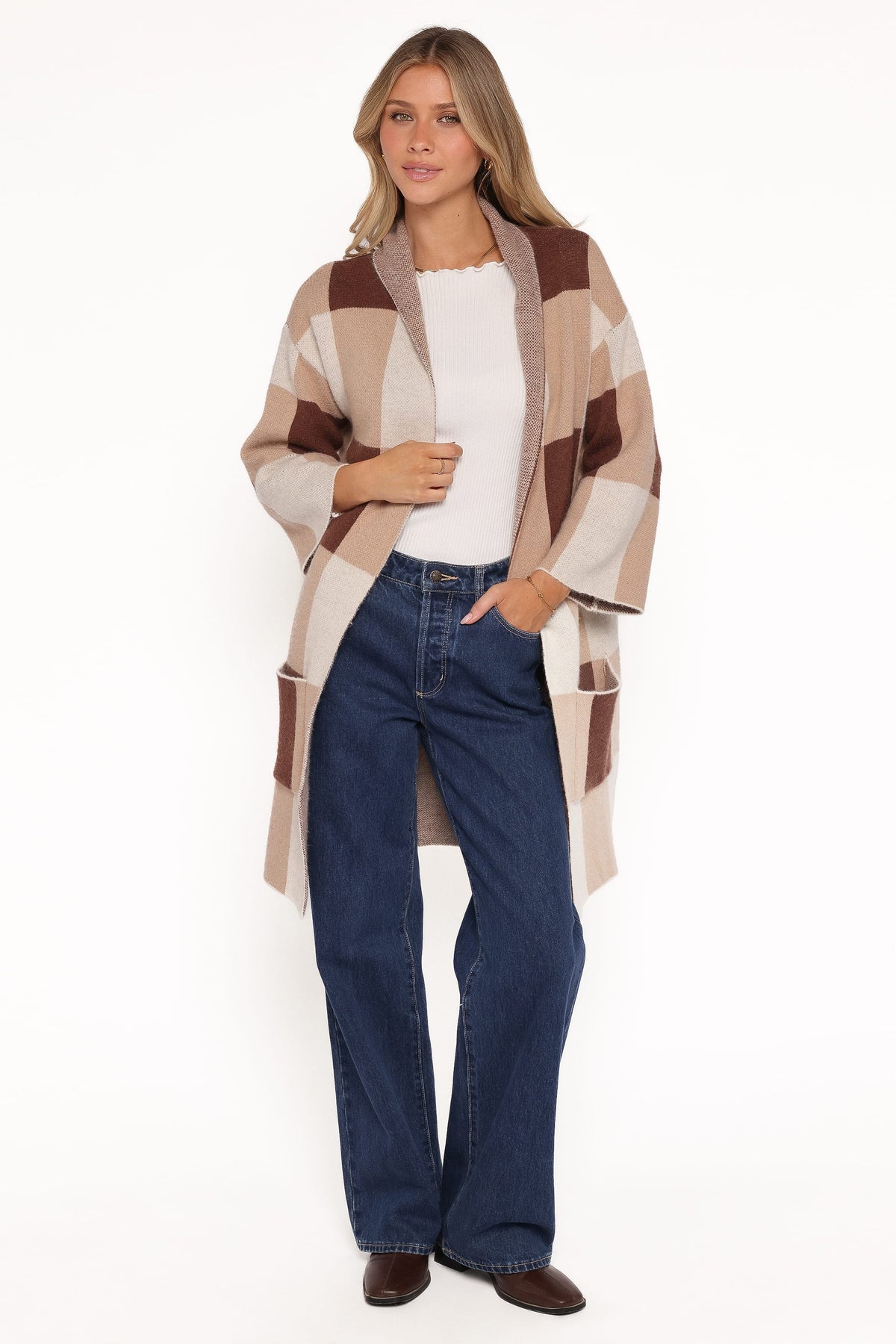Ecoya Long Cardigan in Brown Plaid – view 1 of 6