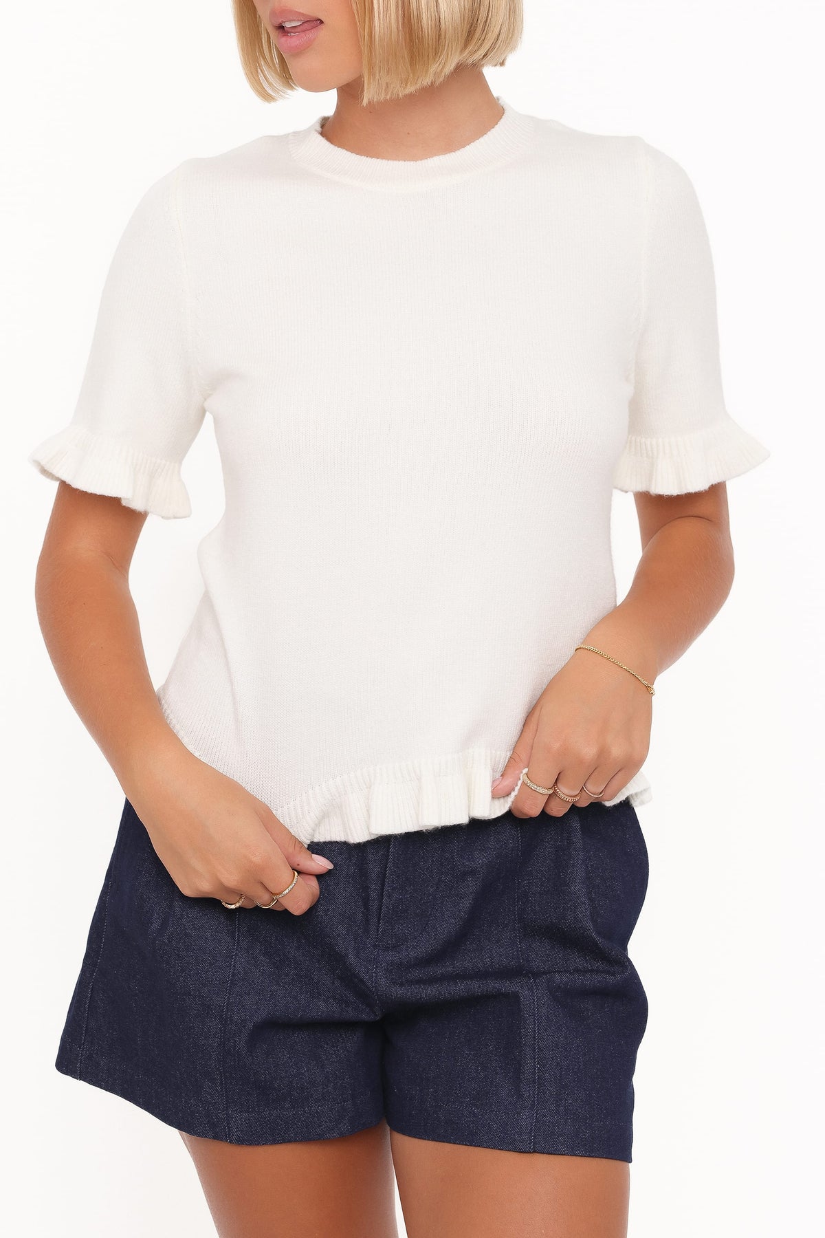 Emilie Short Sleeve Ruffle Crew Sweater in Cream – view 3 of 8