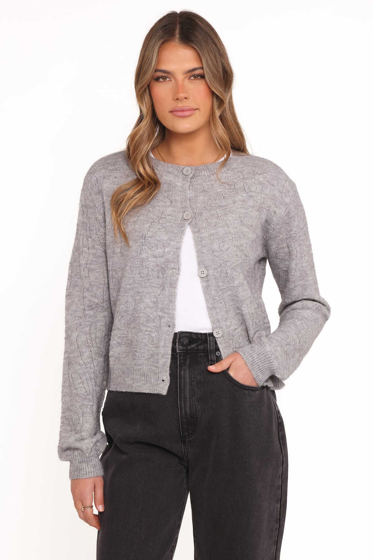 Fauna Tonal Floral Cardigan in Heather Grey – view 2 of 7
