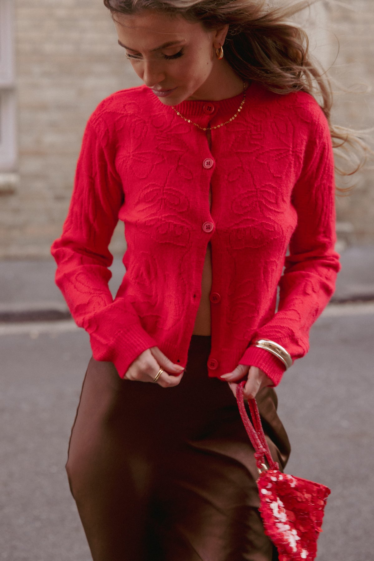 Fauna Tonal Floral Cardigan in Red – view 1 of 8