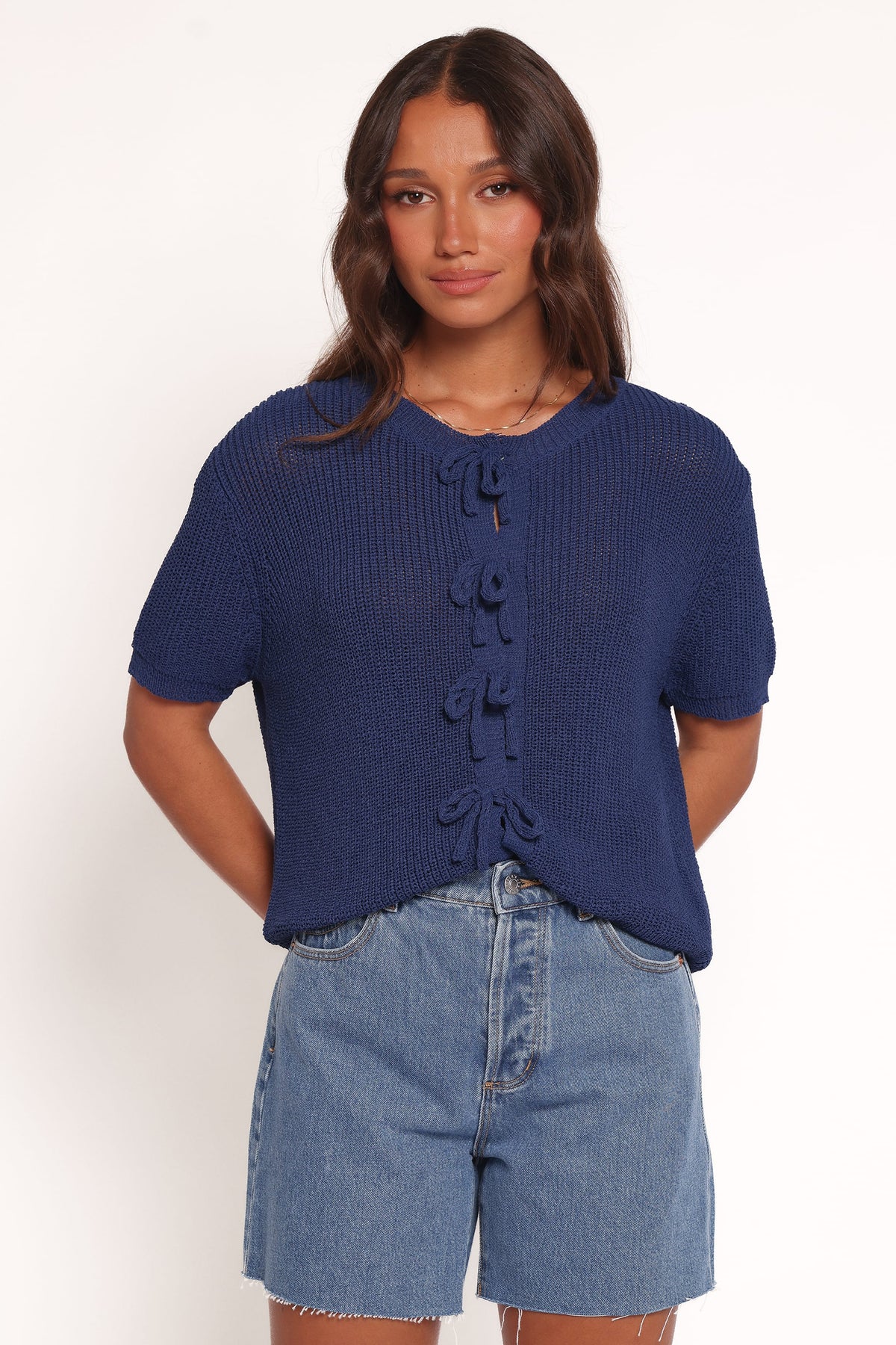 Gemma Short Sleeve Bow Cardigan in Navy – view 2 of 8