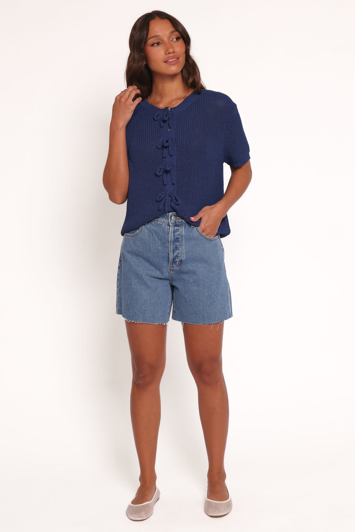 Gemma Short Sleeve Bow Cardigan in Navy – view 6 of 8
