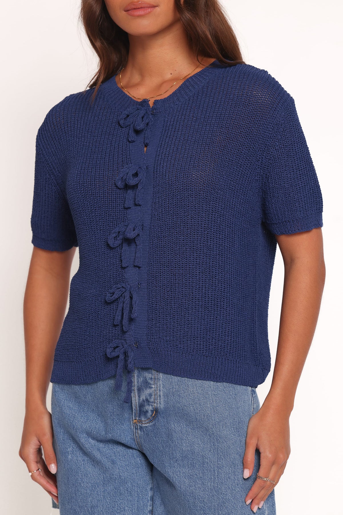 Gemma Short Sleeve Bow Cardigan in Navy – view 3 of 8