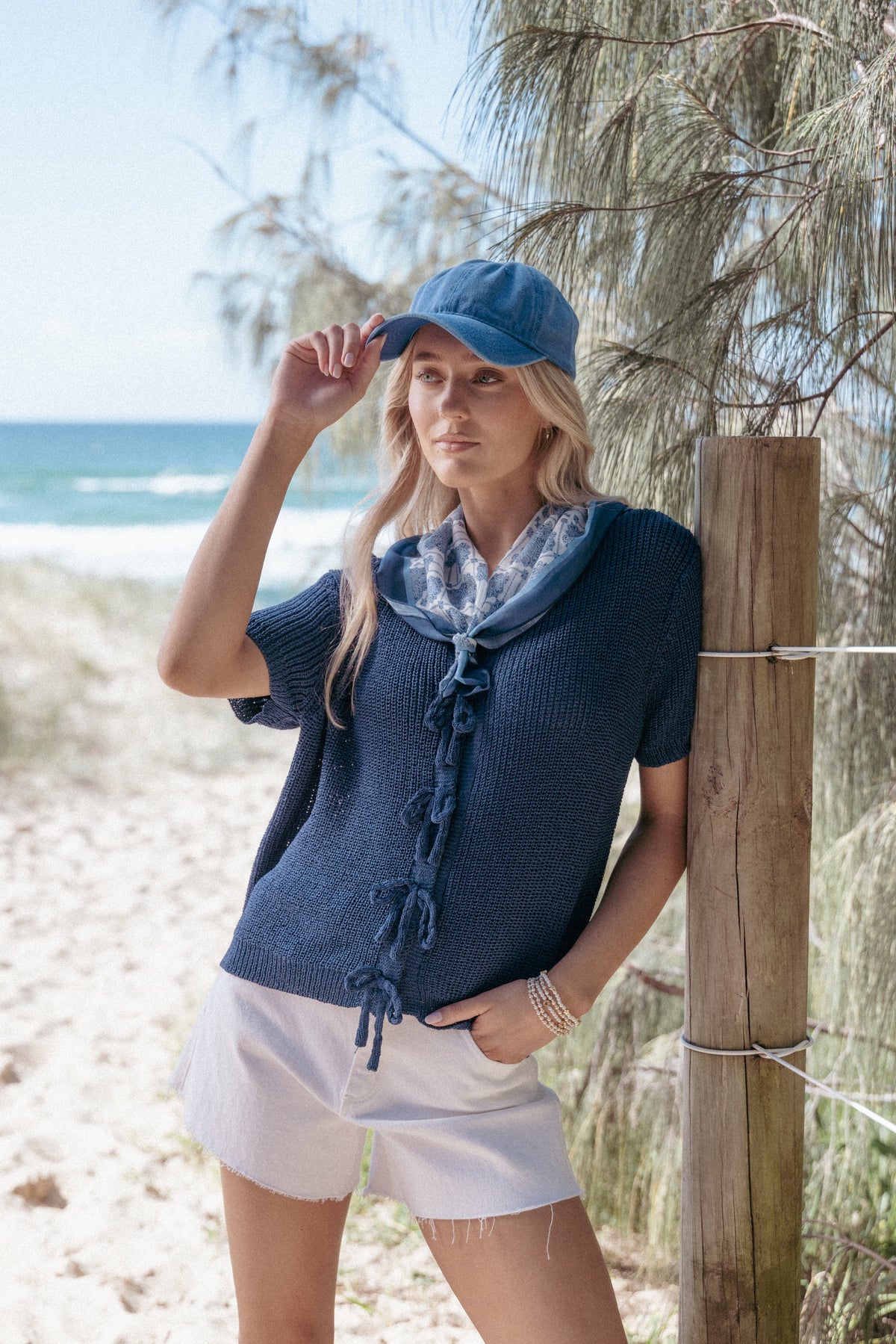 Gemma Short Sleeve Bow Cardigan in Navy – view 1 of 8