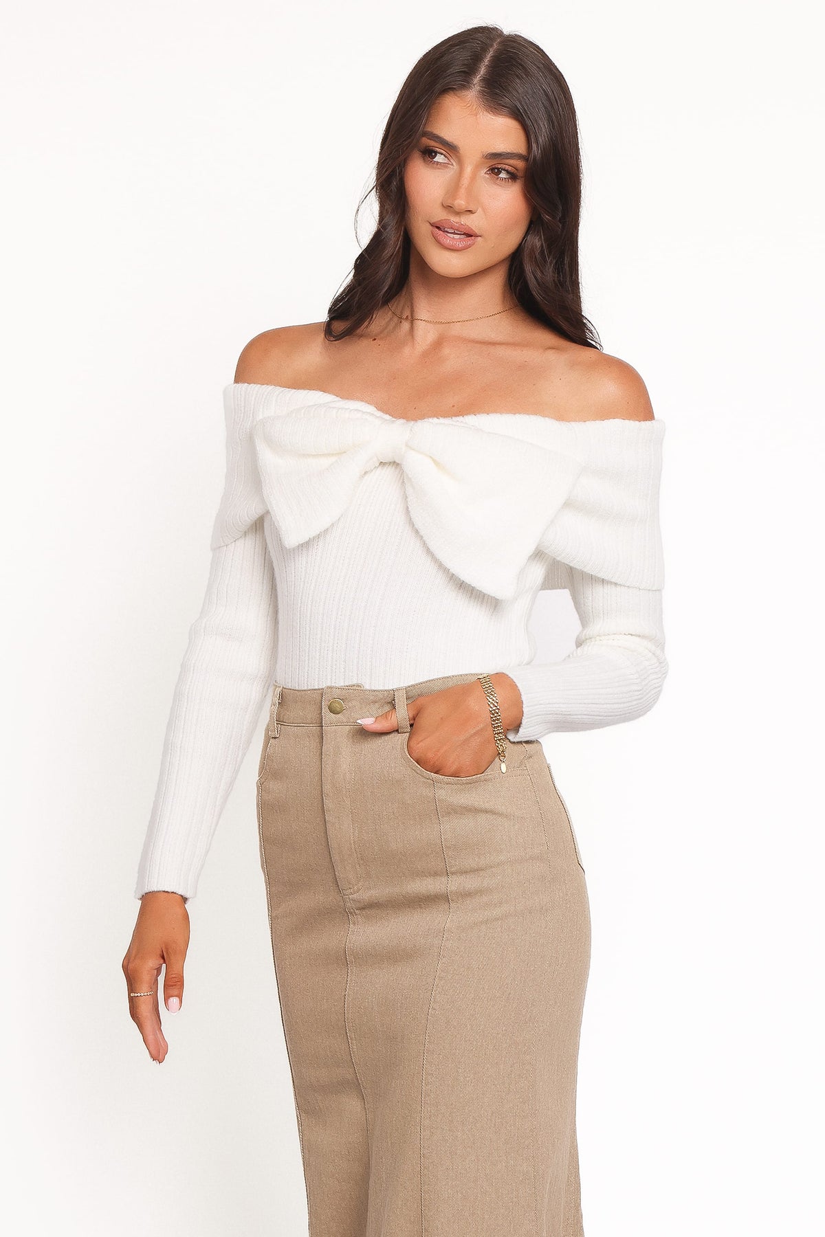 Helene Bow Off Shoulder Knit Sweater in Ivory – view 4 of 8