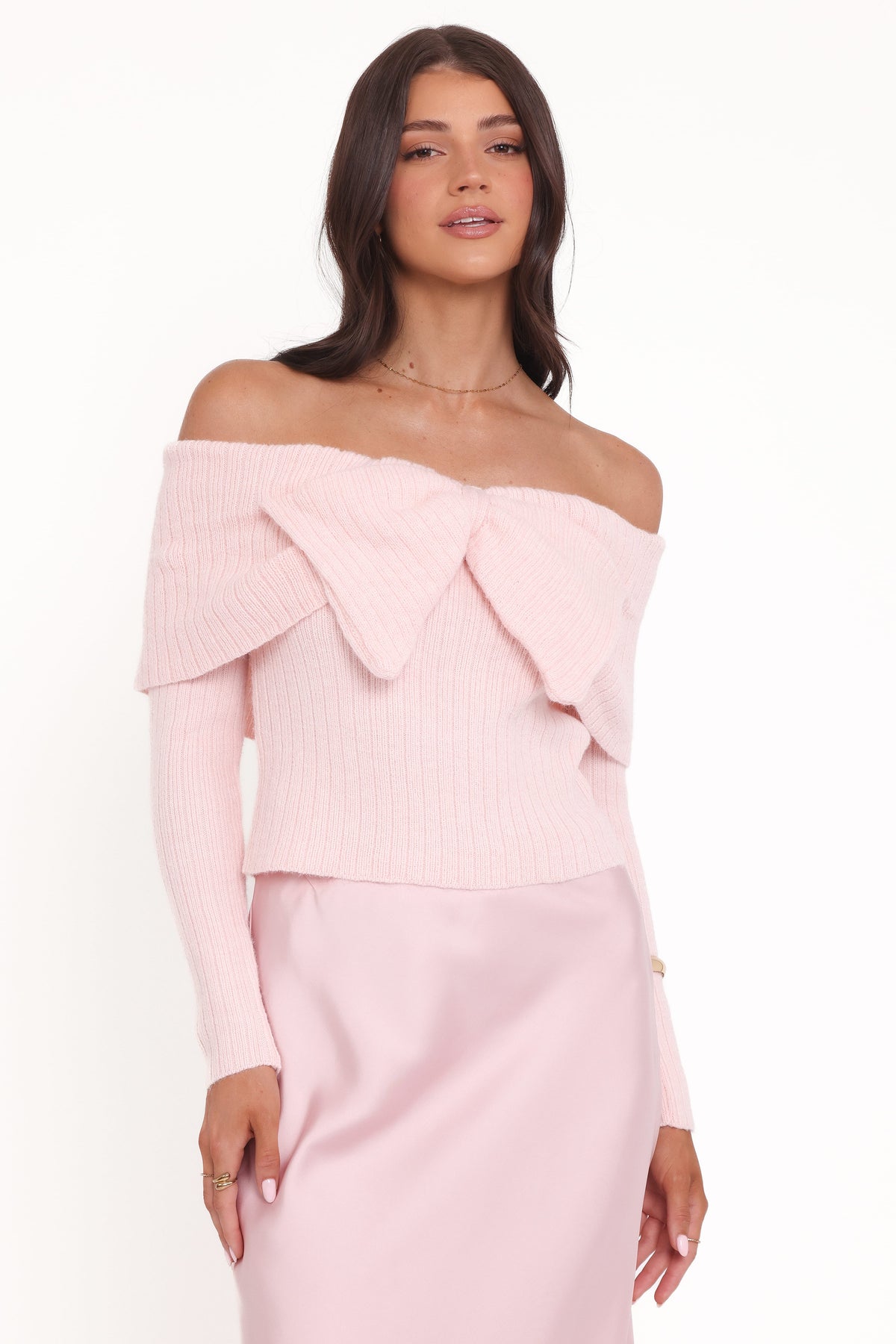 Helene Bow Off Shoulder Knit Sweater in Pink – view 6 of 7