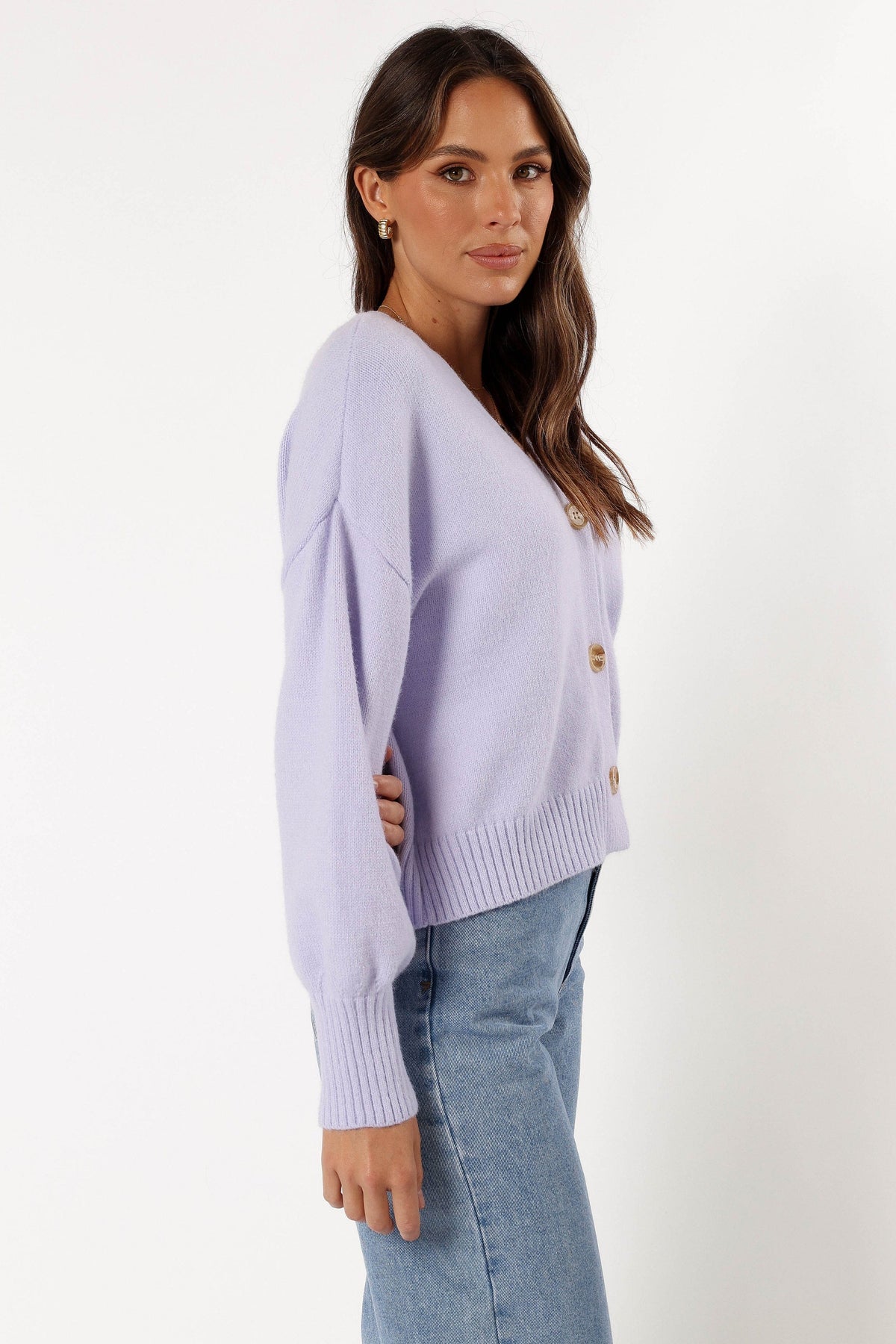 Isabel Button Front Cardigan in Lilac – view 9 of 10