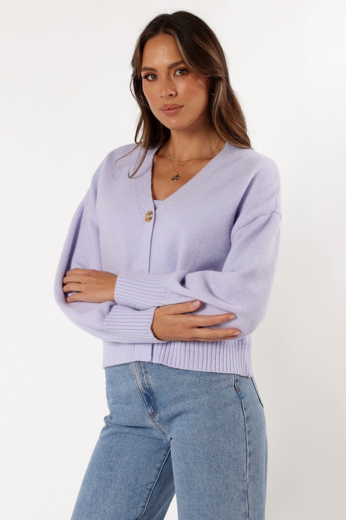 Isabel Button Front Cardigan in Lilac – view 7 of 10