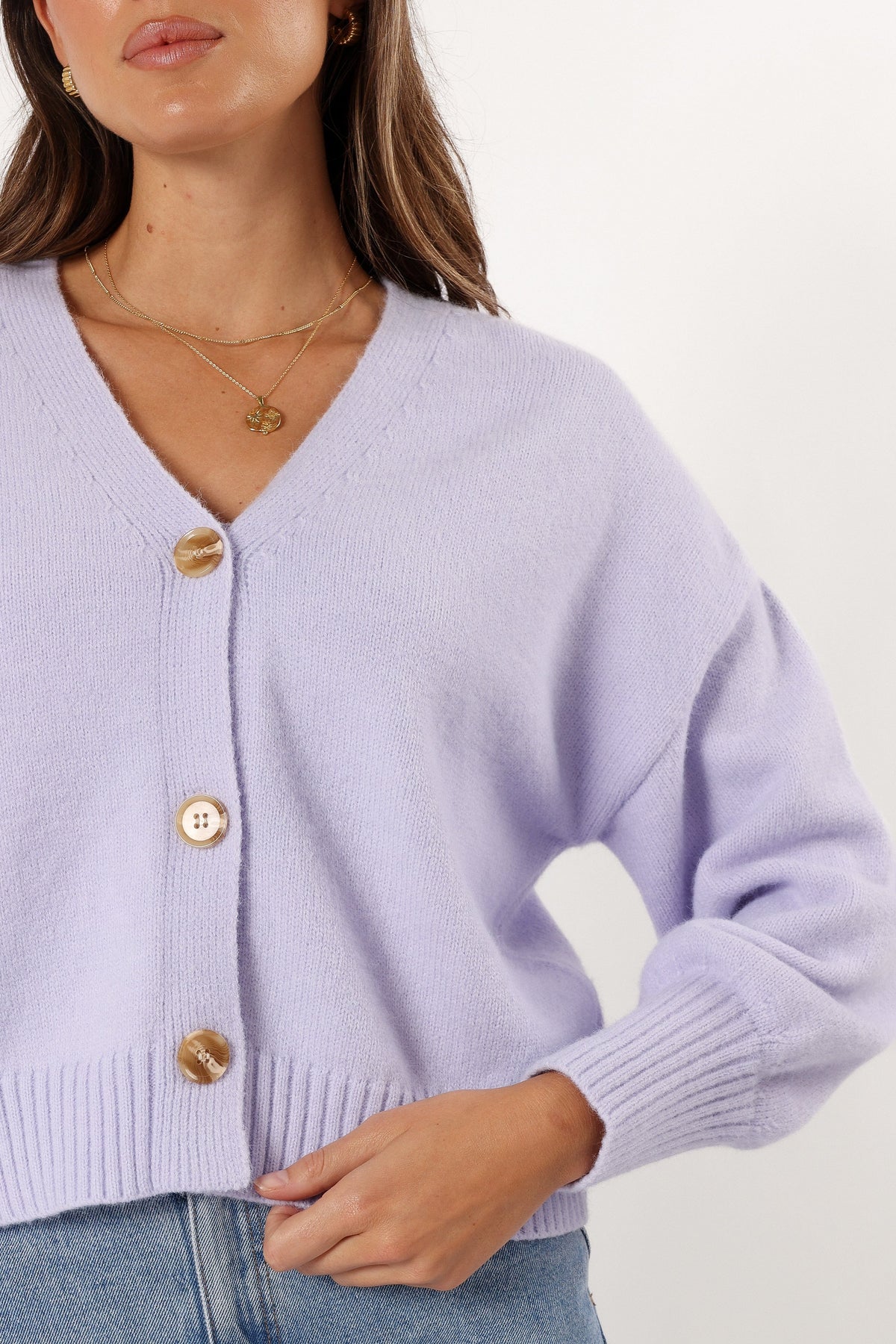 Isabel Button Front Cardigan in Lilac – view 6 of 10