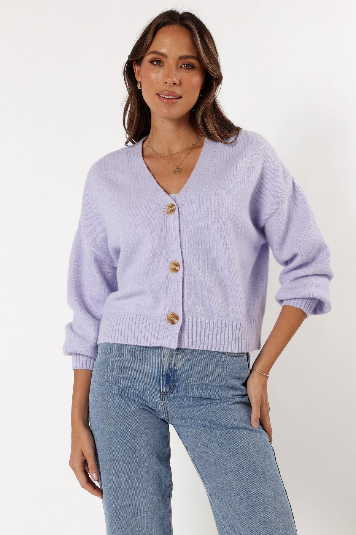 Isabel Button Front Cardigan in Lilac – view 5 of 10