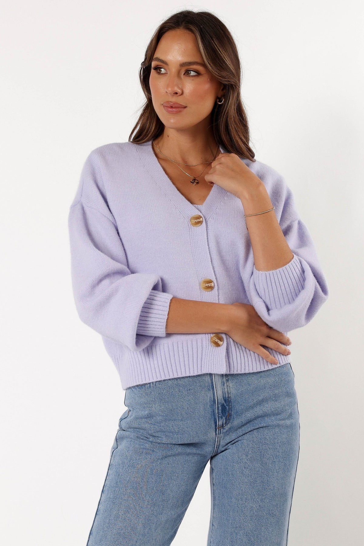 Isabel Button Front Cardigan in Lilac – view 3 of 10