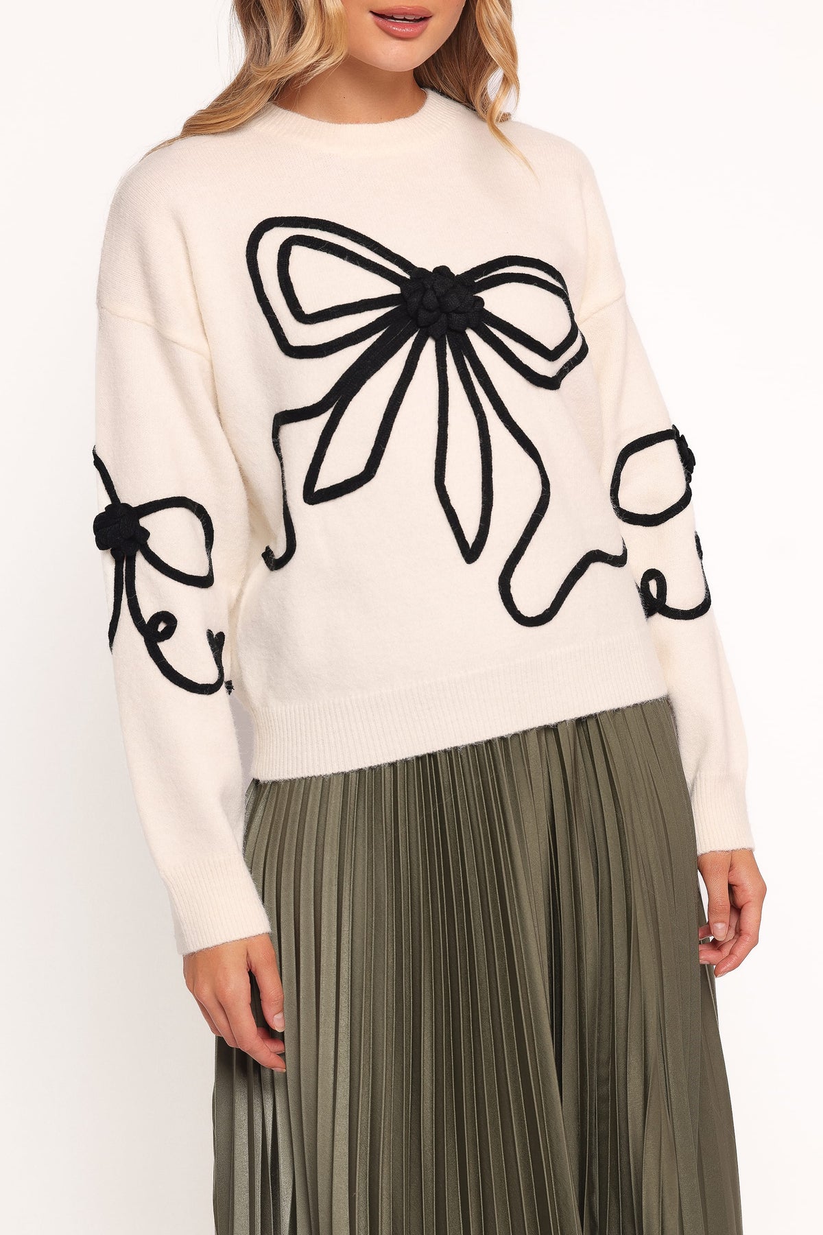Isiora Bow Embroidered Knit Sweater in Cream – view 2 of 6