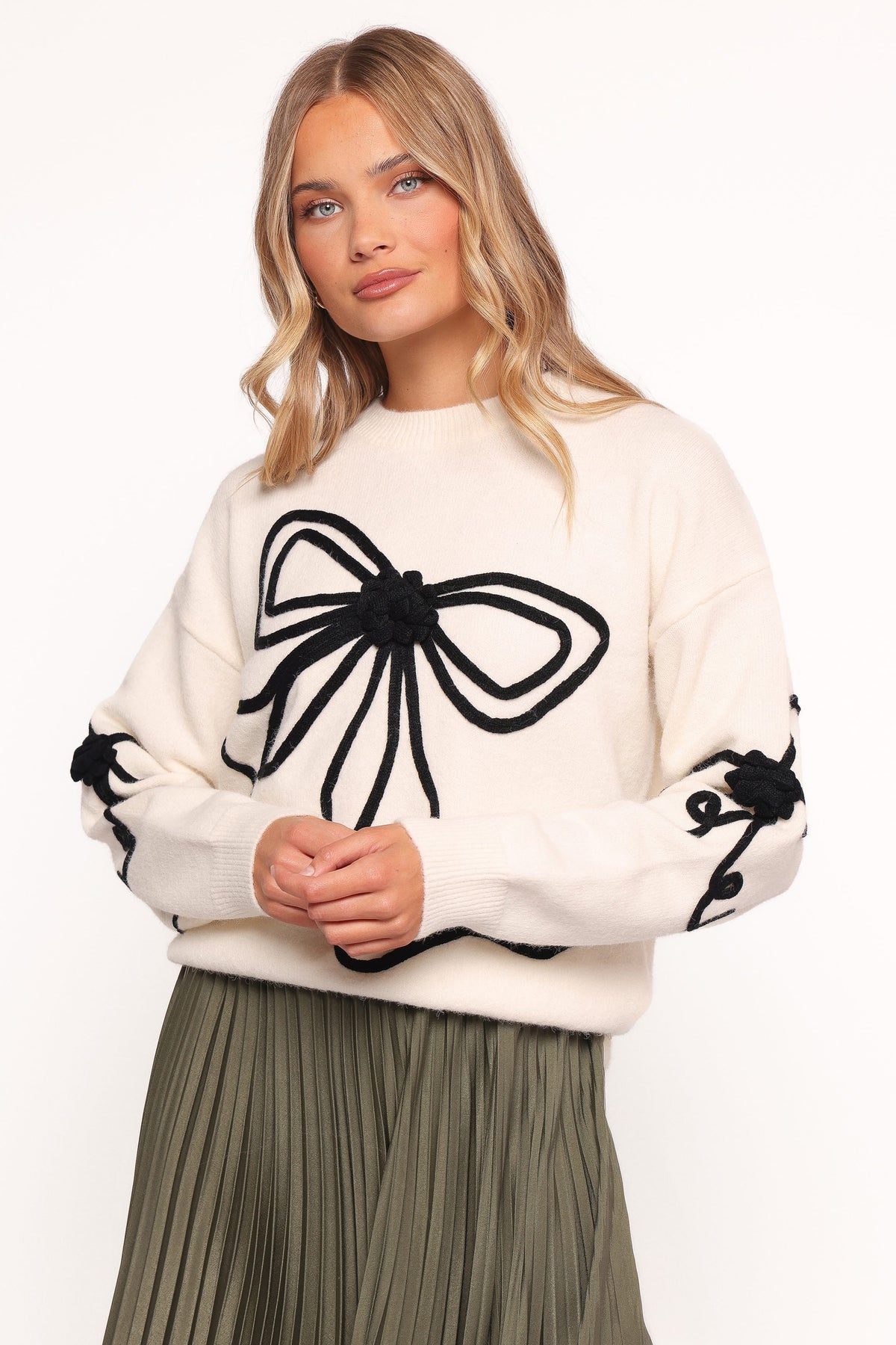 Isiora Bow Embroidered Knit Sweater in Cream – view 1 of 6