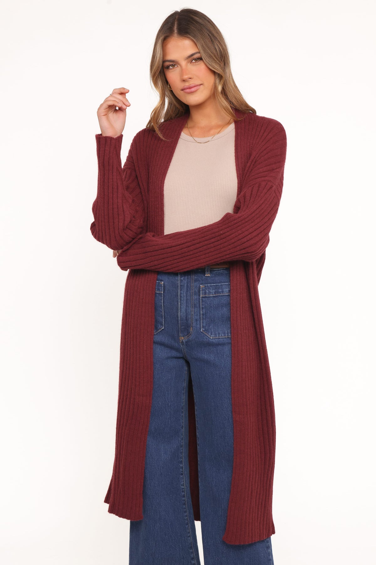 Jasmia Long Cardigan in Wine – view 1 of 6