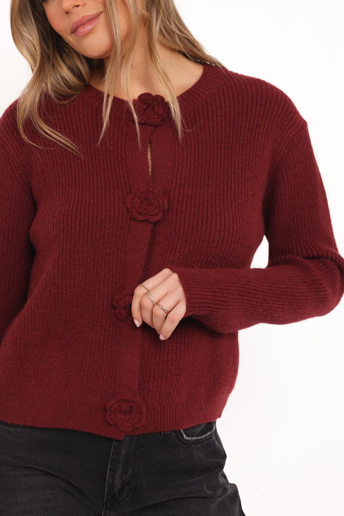 Jones Rosette Cardigan in Burgundy – view 2 of 6