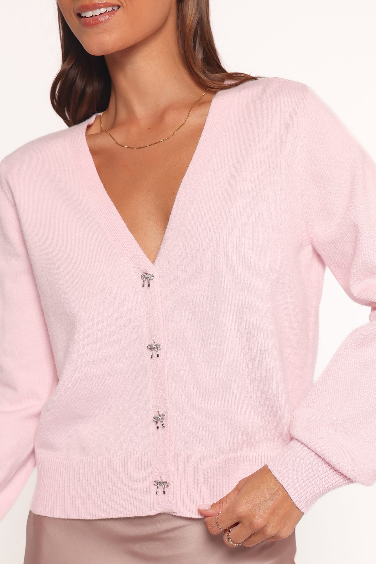 Josey Bow Button Cardigan in Light Pink – view 2 of 6
