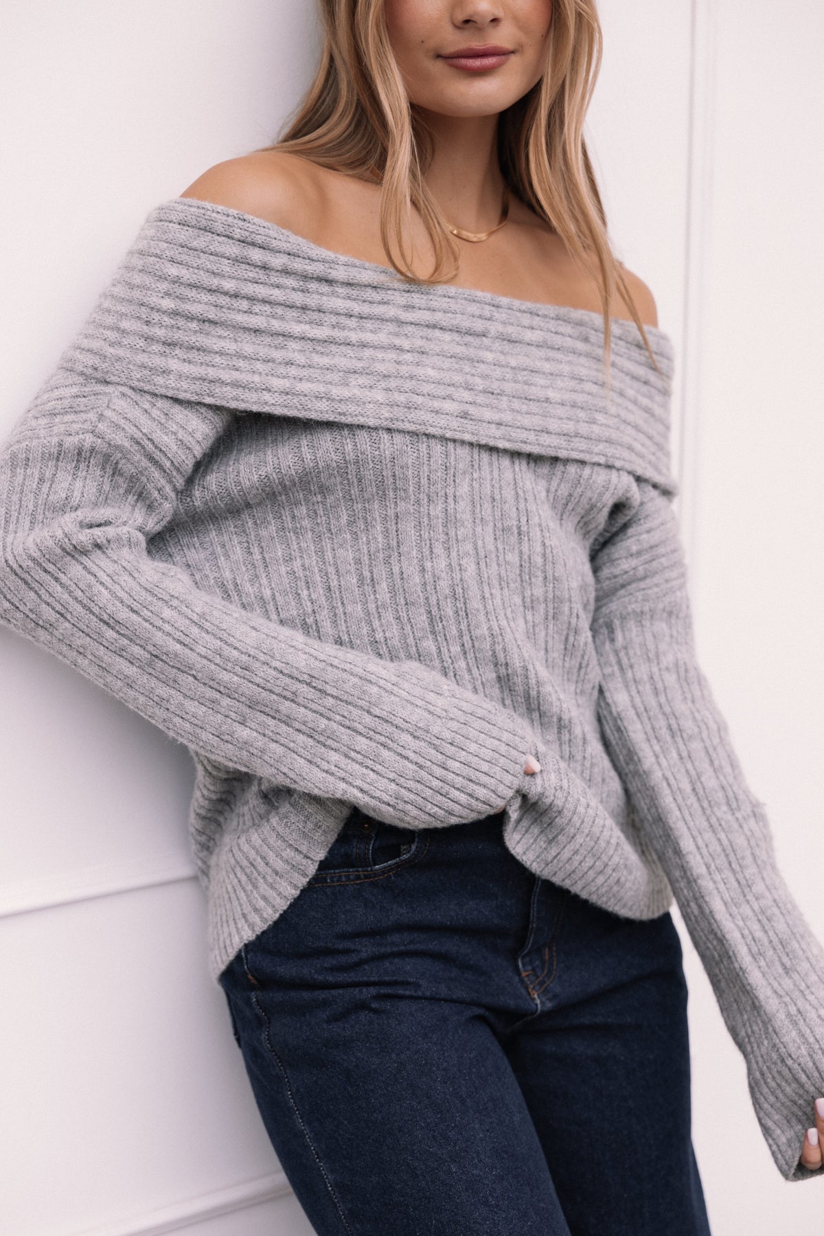 Kenny Off Shoulder Knit Sweater in Grey – view 1 of 10