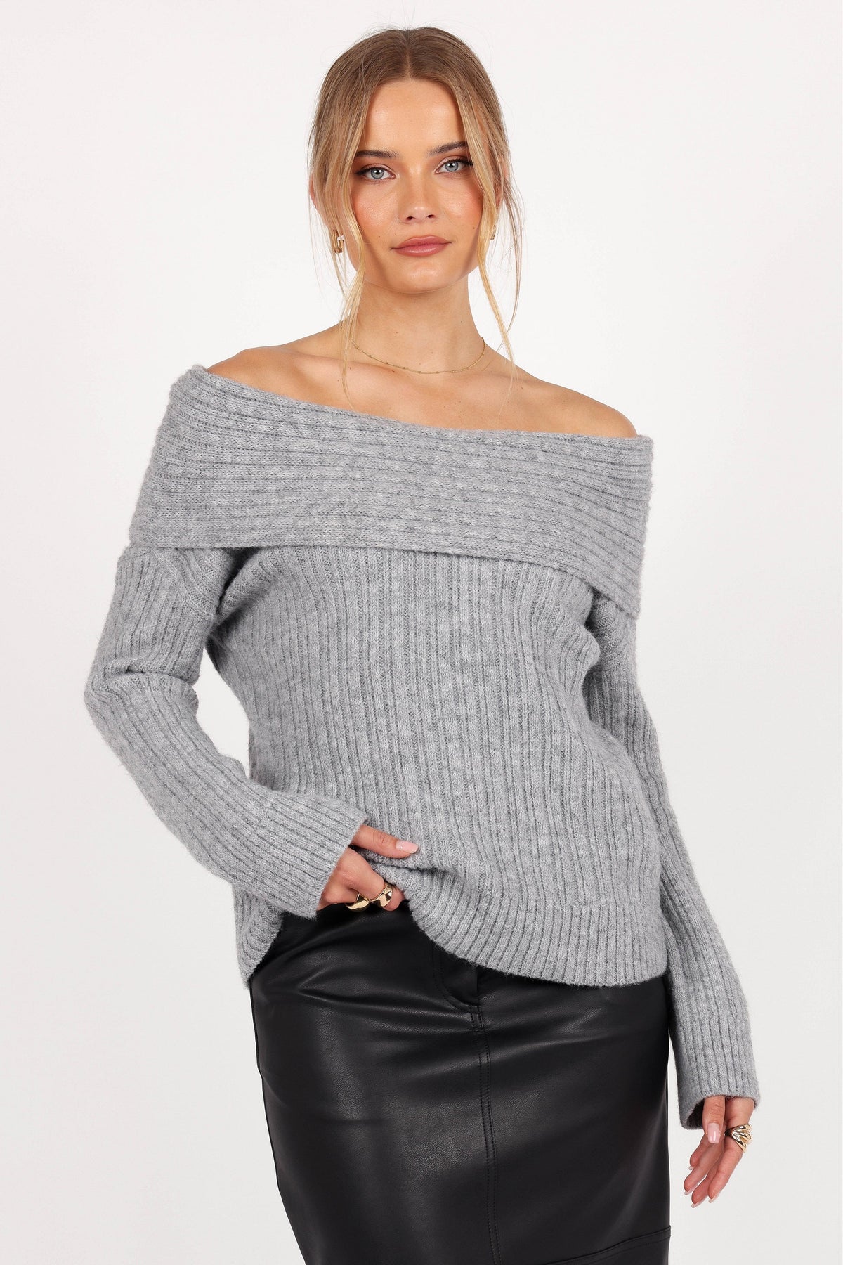Kenny Off Shoulder Knit Sweater in Grey – view 4 of 10