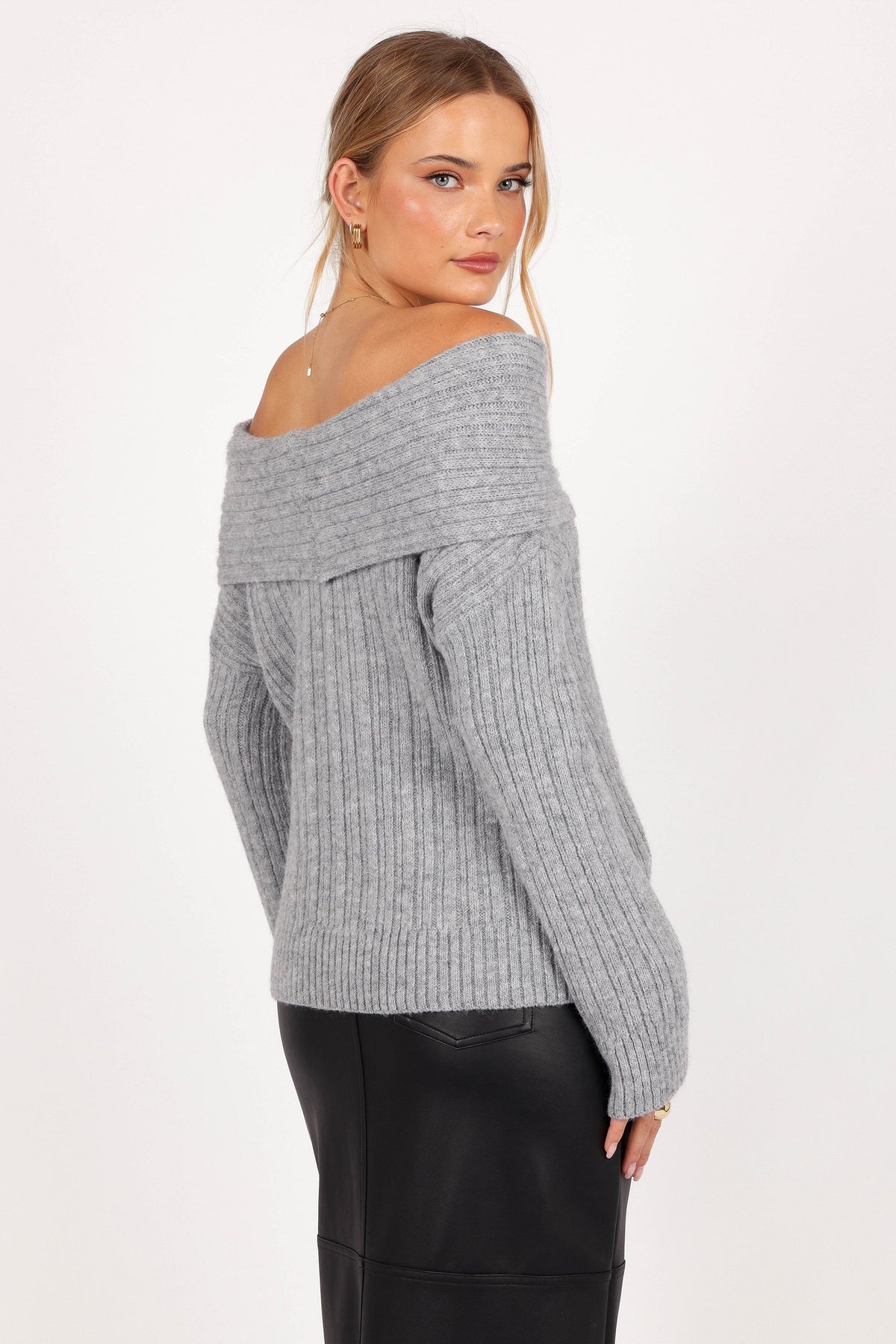 Kenny Off Shoulder Knit Sweater in Grey – view 8 of 10
