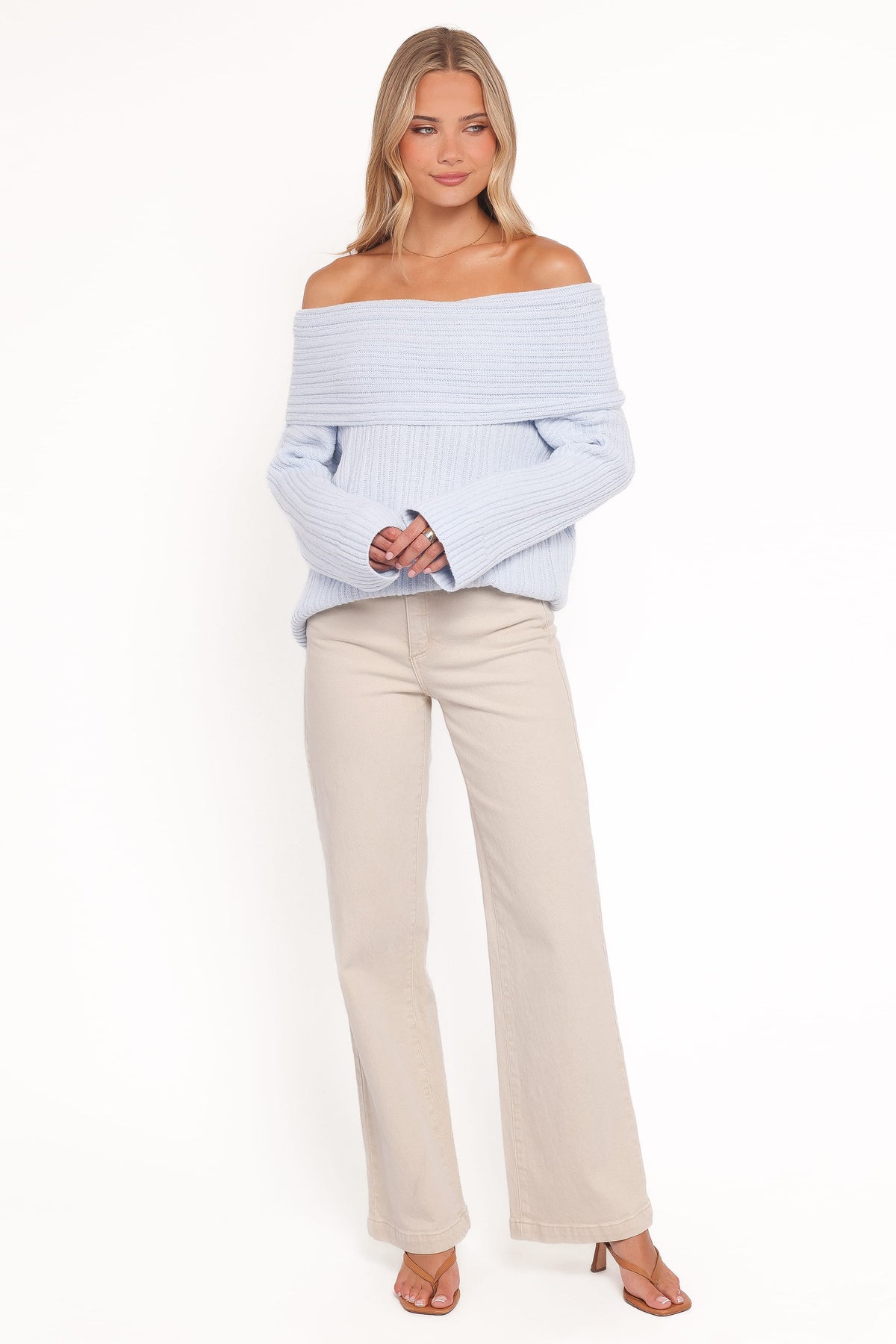 Kenny Off Shoulder Knit Sweater in Pale Blue – view 2 of 6